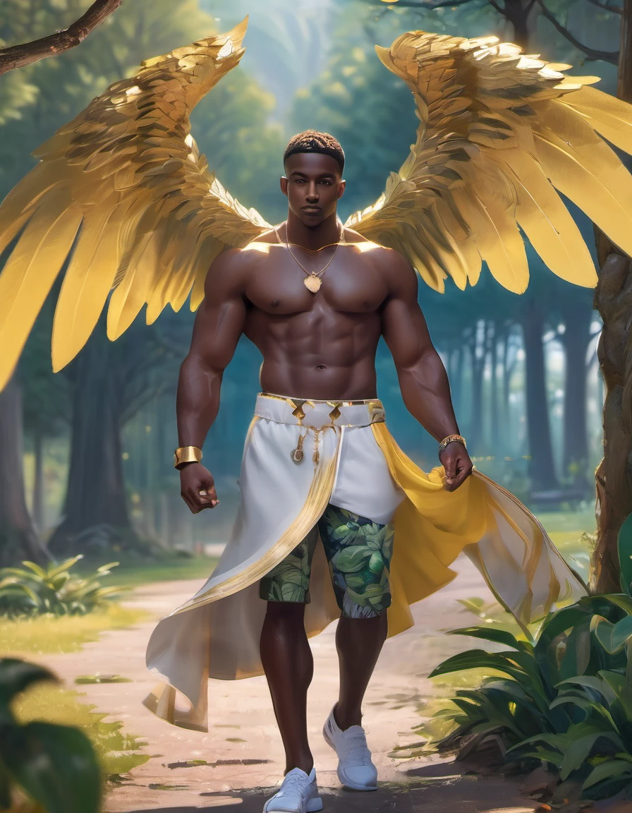Male Black Man with Yellow and Beige Details, Large Wings, Forest in the Background, Full Body, Slim Body, Short Hair, No Horns, Detailed Face, Detailed Hands, Detailed Legs, Detailed Fingers, Detailed Hair, Detailed Eyes, Detailed Skin, Lush Vegetation Blurred Background, Vibrant Colors, Lush Light, Soft Light, Sunset Light, Smooth Light, Symmetrical, Full Body, Reflections, HDR Dynamic Lighting, 8K Resolution, cinematic film, smooth, sharp focus, realistic, strobe light beams, ((blurred background)):1.7, (((depth of field)) ):1.8, cinestill 800t 35mm, high quality, heavy grain, high detail, cinematic composition, dramatic light, anamorphic, ultra wide lens, hyperrealistic