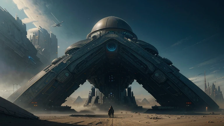 there is a painting of a futuristic city with a giant robot head, jodorowsky's dune, insanely detailed matte painting, peter gric and dan mumford, intricate matte painting, jodorowsky's dune movie, style of john harris, jean giraud 8 k, hyperdetailed matte painting, intricate environments, stunning sci-fi concept art, cgsociety )  