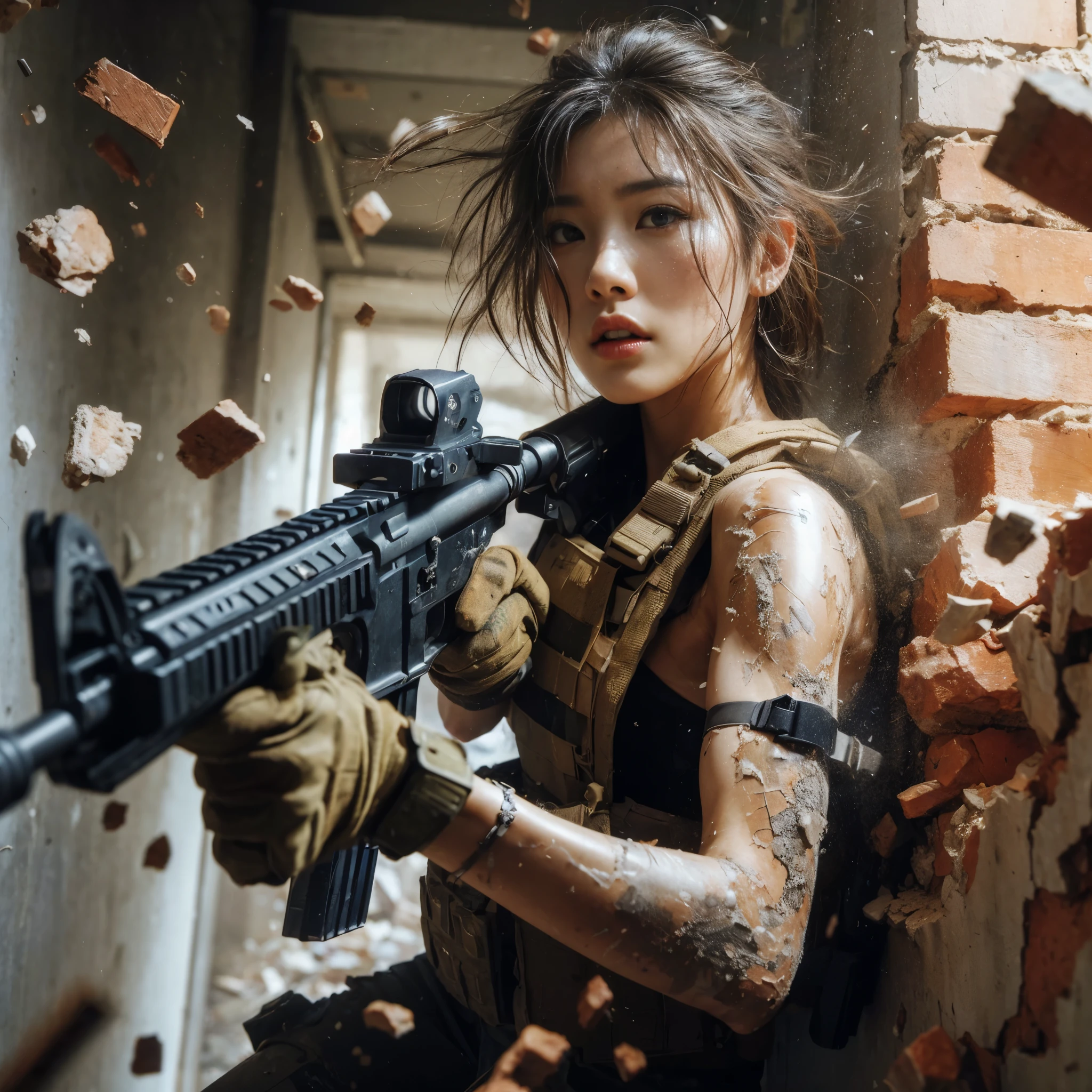 8K, realistic photo, realistic skin texture, Beautiful Japanese women in the US military、Inside a building littered with rubble、Under attack、Trying to escape while fighting back、collapsing wall、Automatic rifle、Bulletproof vest、Back Back、boots、Covered in scars、Grim expression、Dynamic pose、Innovative composition、Dust is flying