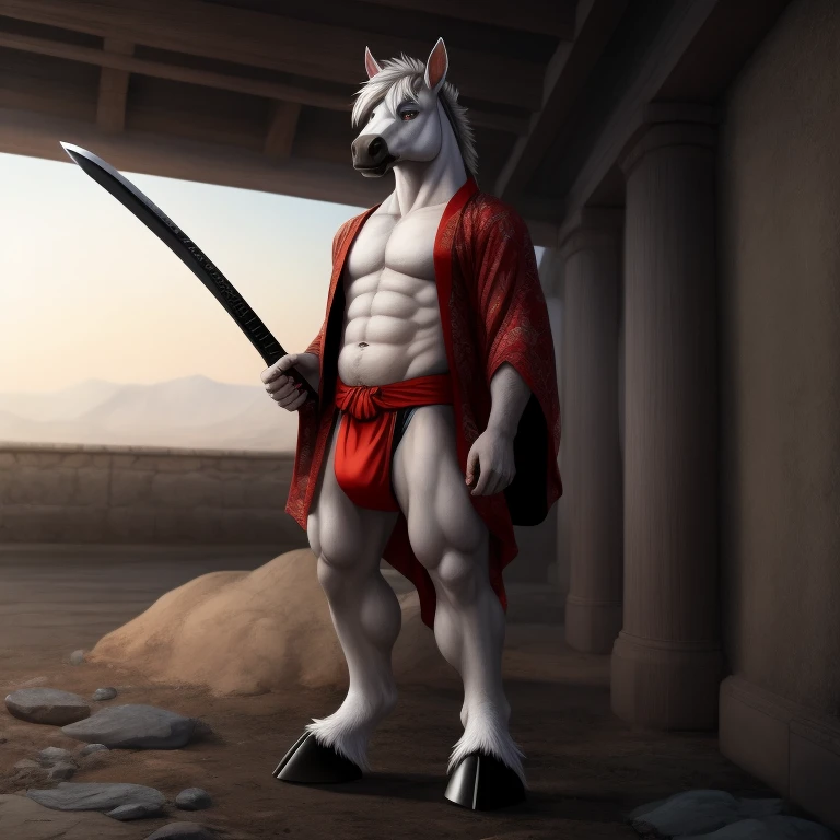 Furry, Antro, Agresivo, [Horse color Negrol] , Half side pose , [Fundoshi Bulto Male Big], [Fundoshi Blanco ajustado], Solo, Clothes kimono Lapones Masculino, [Bulto Male Big], Hooves , Big Balls, Detallado 4k, cuerpo completo, cuerpo furry Black dark, Fonde de Desierto con Eclipse solar Total, Eyes Pupil Marron, Alta resolucion, silver Hair, Katana Japonesa, Clothes China, Ropa Tradicional
