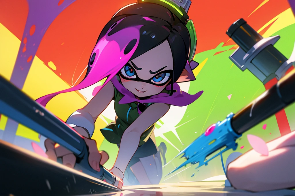 Elementary school students are playing Splatoon pretend,playing with paint on each other using various gadgets,colorful stage,beautiful lighting, volumetric lighting, dynamic angle, sharp,