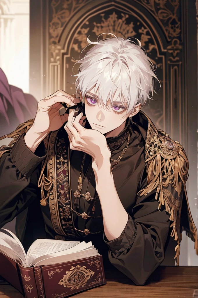 1male, calm, adult, age 35 face, short messy with bangs, white hair, amethyst colored eyes, royalty, prince, wears black clothing, in a castle, adult face, medieval times, close up, sitting at a table with a book, two hands, calm