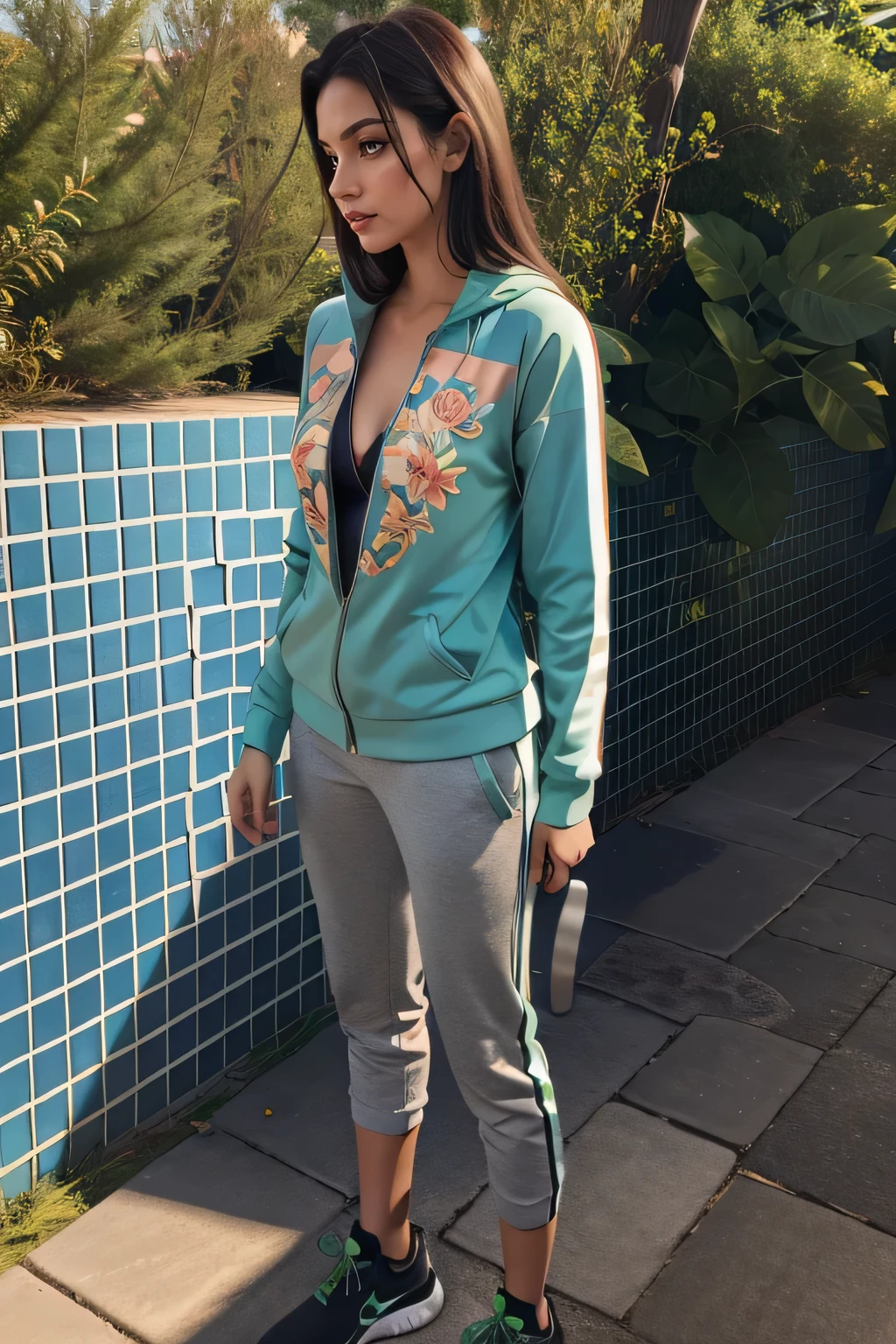 woman in a green jacket and gray overalls standing in a backyard, garden in the background, using gym equipment, wearing a tracksuit, side view of her taking steps, wearing a tracksuit, wearing a gray tracksuit, 40s, full body distant photo, full body sarcastic pose, full body photo, full body, sideways. Slim woman with thin waist. Her body exudes glamor and her face is the definition of beauty. Test, highly realistic, reddish skin, beautiful, slightly full lips, red lipstick, feeling of lightness and joy, hyper-realism, very elaborate skin, direct look. Full body photo, clear and high quality photo. Beautiful woman, extremely sexy, very sensual. Masterpiece: 1.3, high resolution, (photographically realistic), 8k, NUDE, NUDITY, NFSW.
