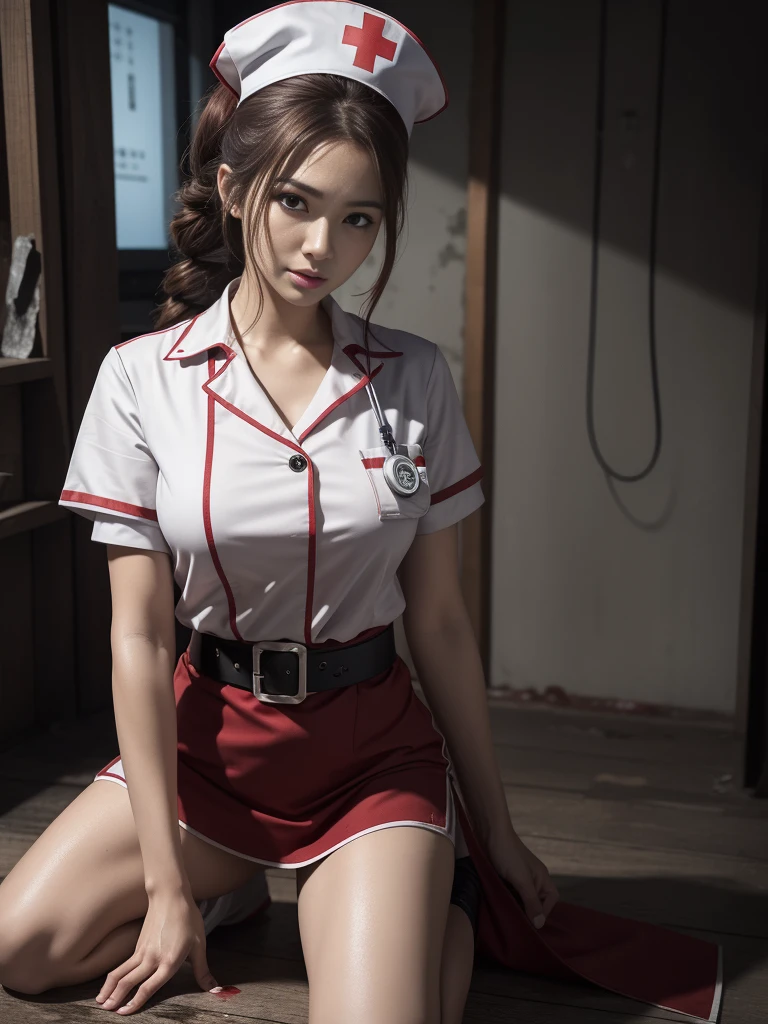 artworks，Best image quality，8K resolution，ultra high resolution，high detal，Higher quality，Oriental women，An injured female nurse，exquisite facial features，s the perfect face，the doctor，solo person，Be red in the face，embarressed，Drunk，brunette color hair，Extremely detailed depiction of hair，(JK white nurse's uniform)，(nurse's outfit)，Nurse hat，Red Cross Mark，(blood-stained)，There is an emergency medical kit next to it，Wasted area，Collapsed buildings，dreads，Facing the viewer，Art Nouveau，Love pupilid hair，High ponytail，epaulette，arm belt，Armband，Band-aid on the forehead，Long-barreled combat boots，Kneeling，binding，Hands behind you，Get close to the viewer，eventide