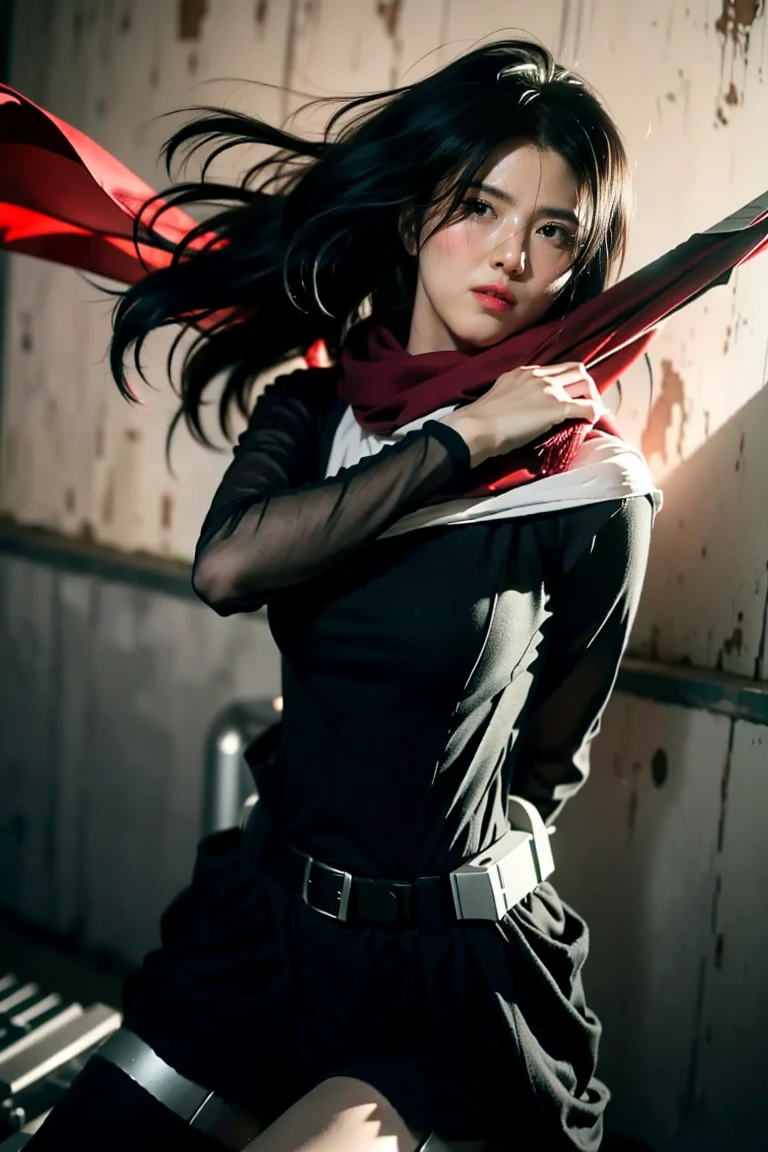 mikasa ackerman, Female action anime girl, badass posture, big smile, happy face, attack on titans, Female protagonist 👀 :8, rogue anime girl, anime figure, (Attack on Titan anime), trigger anime artstyle,1girl, dynamic angle, splashart, Complete shot of the charming Amish male silk weaver, CEL shadows, velvet, ribbons, offcial art, Unity 8k wallpaper, ultra - detailed, aesthetics, tmasterpiece, best qualtiy, Photorealistic