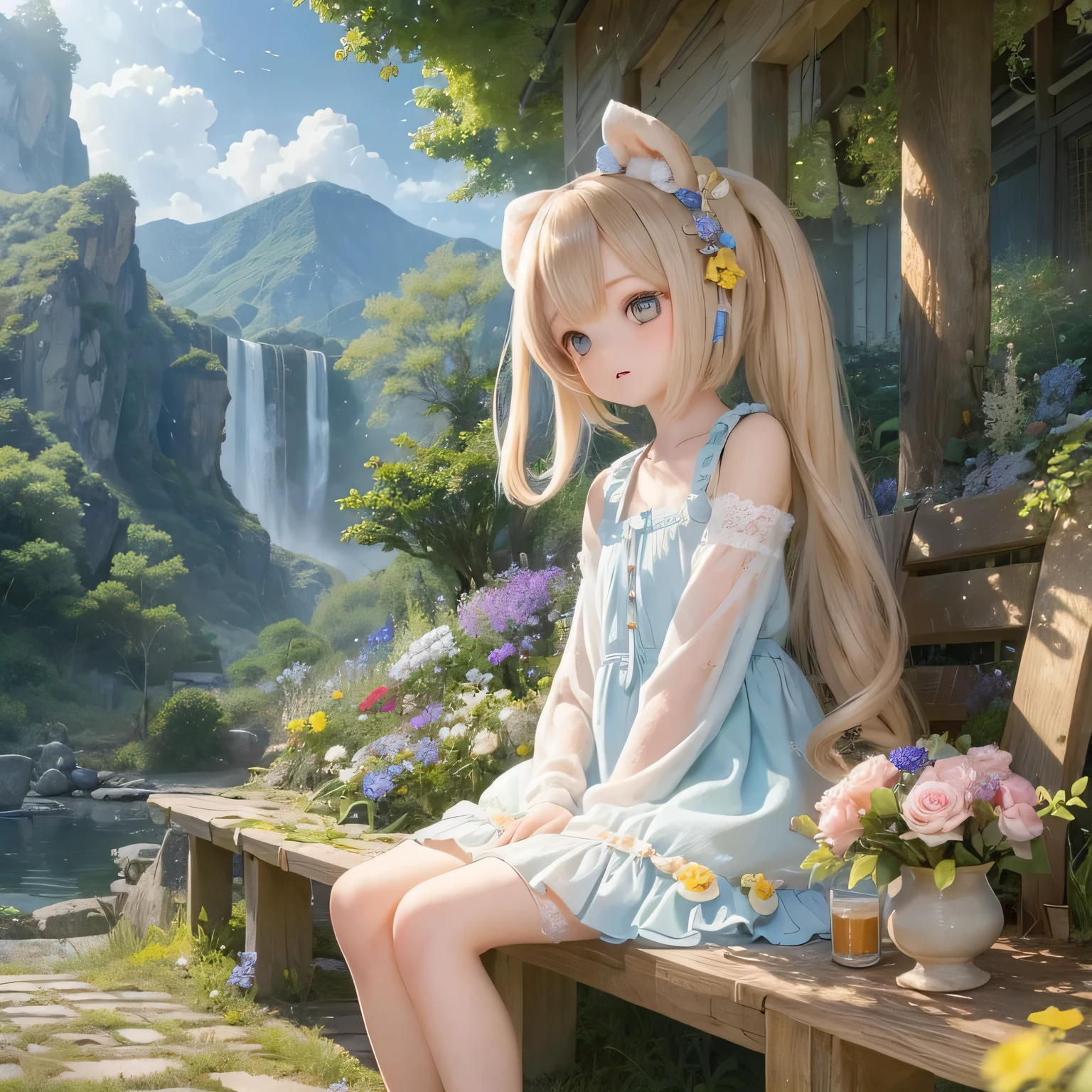 (ocean View) Girl inside(Calm) Country garden, Lush greenery and vibrant flowers々Surrounded by. she is(Wooden bench) and a(Soft cushion) While she gazes into the distance. The garden is located at the foot of a majestic mountain.(range) Reaching the sky, and its peaks covered in a blanket of(Wispy clouds). Girls are wearing(Flowing Summer Dress) It matches perfectly with the colors of the flowers blooming around her.. she(Beautiful fine details) shine and curiosity and wonder as she takes in the breathtaking(View) Before she. The sunlight shines through the leaves, casting(Mottled Shadows) On the ground. The air is filled and the sweet scent of blooming flowers and the gentle sound of birds chirping. The scene is warm(colorful) Shine, Create a sense of peace and tranquility. The girl&#39;s hair is dancing(breeze), adding to the Calm atmosphere of the place. This work、(Computer Generated Image) technology, and a focus on(Very detailed) Element and(Realistic) style. The colors are vibrant and lively, Bringing the scene to life. The lighting is soft、(Sunlit), Highlight the natural beauty of your surroundings. The overall image quality is top notch, and(4K resolution), capturing even the finest details and(Ultra-high resolution) Accuracy. This masterpiece of art combines the beauty of nature and the innocence and wonder of youth, Create a truly captivating visual experience.spread arms