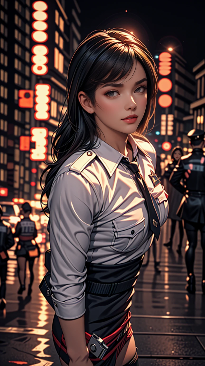 alone, (Police uniform, Female police officer), stockings, City lights, (Looking at the audience: 1.3), Release your lips, Red lips, Shiny skin, Skin dents, highest quality, Ultra-high resolution, (realism: 1.4),  