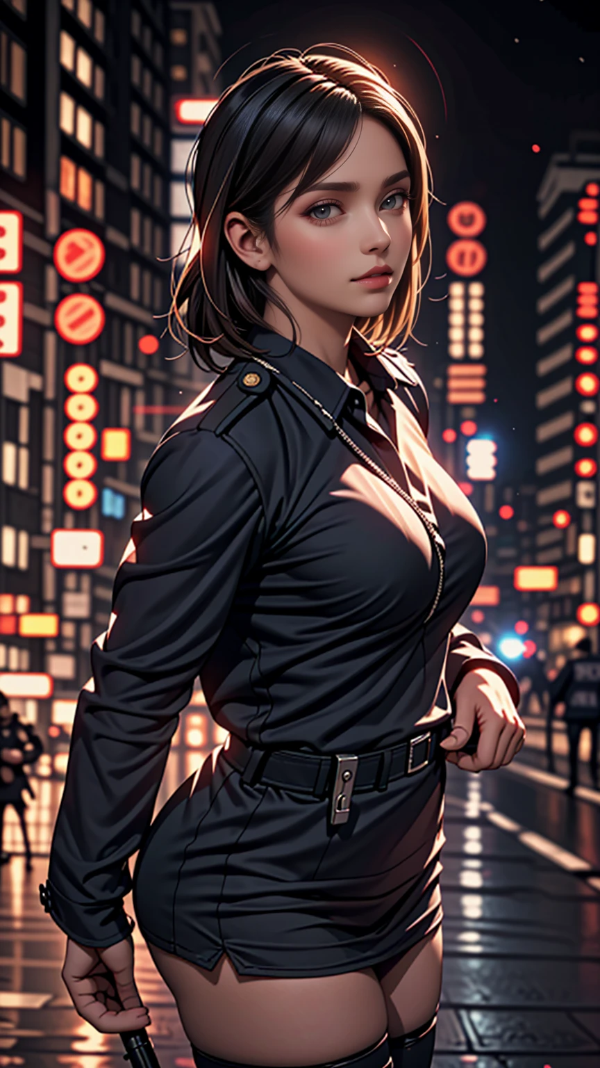 alone, (Police uniform, Female police officer), stockings, City lights, (Looking at the audience: 1.3), Release your lips, Red lips, Shiny skin, Skin dents, highest quality, Ultra-high resolution, (realism: 1.4),  