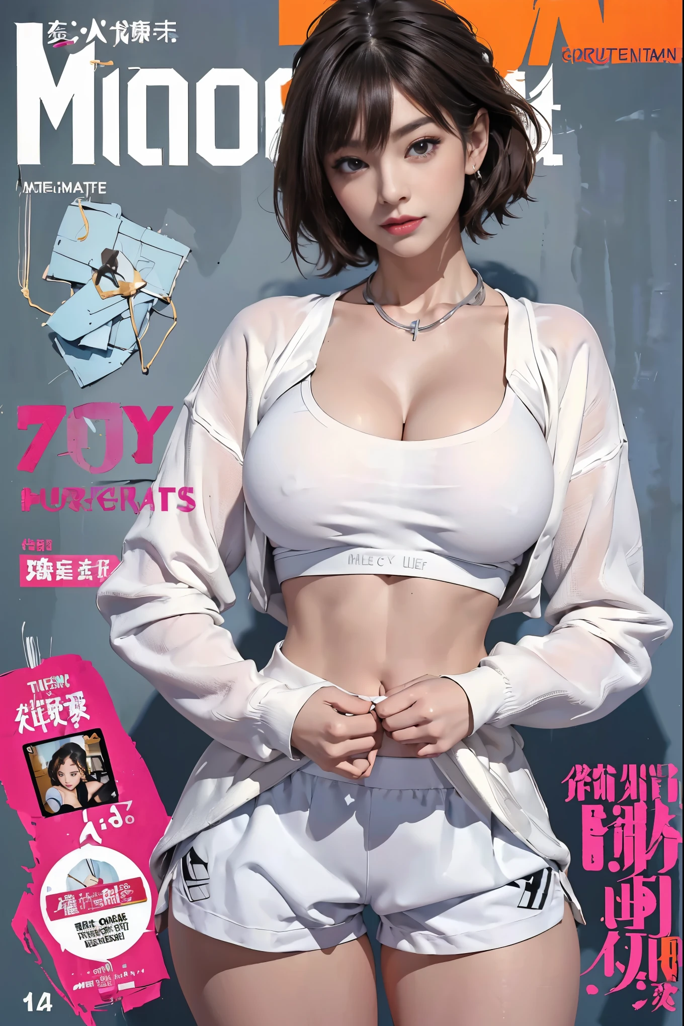NSFW, (masterpiece:1,2, best quality), (magazine cover), (colorful Magazine cover abundant with text), vibrant, eye-catching paintings, Comic cover style, glamorous, enticing, stylish, chic, high-fashion, captivating, elegant, trendy, fashionable, radiant, attention-grabbing, dazzling, sophisticated, stunning, dramatic, bold, Featured is Sachi, a graceful figure from Tokyo, Japan, ((who embodies the essence of elegance and charm)), (((She boasts a stature, standing at 1.55 meters and weighing around 48 kilograms, epitomizing the blend of traditional Japanese beauty and modern allure))), (Her hair is always meticulously arranged), (Her eyes are gentle brown), ((and a physique with a flat abdomen)), ((a peachy posterior)), (((perfectly round, perky F-cup breasts))), accentuated by her modest demeanor, (((She is wearing a daring, white Lululemon sports bra with a plunging neckline, designed to expose and accentuate her cleavage and bust. Paired with a pair of high-waisted, tight-fitting, white gym shorts from Gymshark, designed to hug her curves and showcase her toned legs))), She accessorizes with a delicate silver necklace from Tiffany's, and wears a pair of pristine white Adidas Ultraboost sneakers for comfort and style, (exceptionally detailed:1.3)