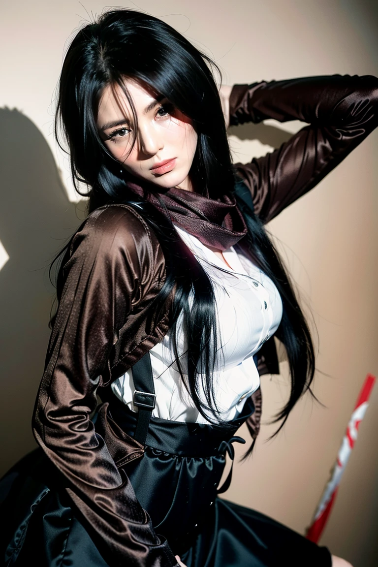 mikasa ackerman, Female action anime girl, badass posture, big smile, happy face, attack on titans, Female protagonist 👀 :8, rogue anime girl, anime figure, (Attack on Titan anime), trigger anime artstyle,1girl, dynamic angle, splashart, Complete shot of the charming Amish male silk weaver, CEL shadows, velvet, ribbons, offcial art, Unity 8k wallpaper, ultra - detailed, aesthetics, tmasterpiece, best qualtiy, Photorealistic