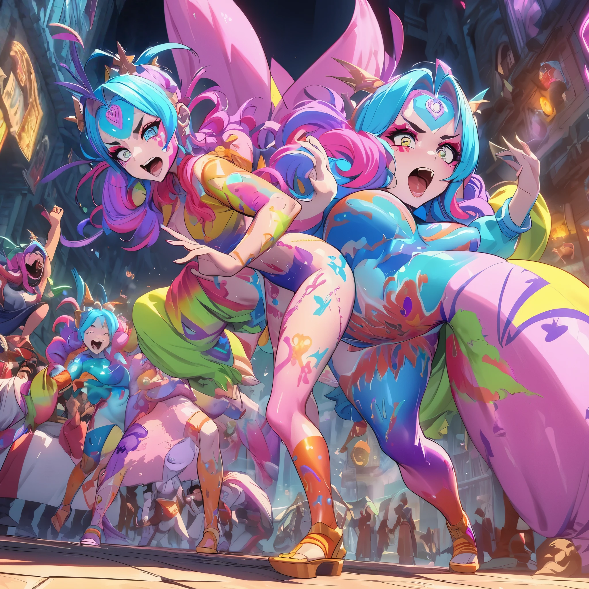 "(best quality, highres, ultra-detailed), (2 women, Desi, 40, average build, in colorful body paint,(playful, vibrant) jesters), wrestling for a crowd of rowdy aliens, in an(otherworldly) atmosphere,unencumbered, uninhibited, (brave and bare except for the vibrant body paint), (elaborate face makeup), (bright, vivid) colors, lively expressions, (dynamic poses), (mysterious, ethereal) lighting"