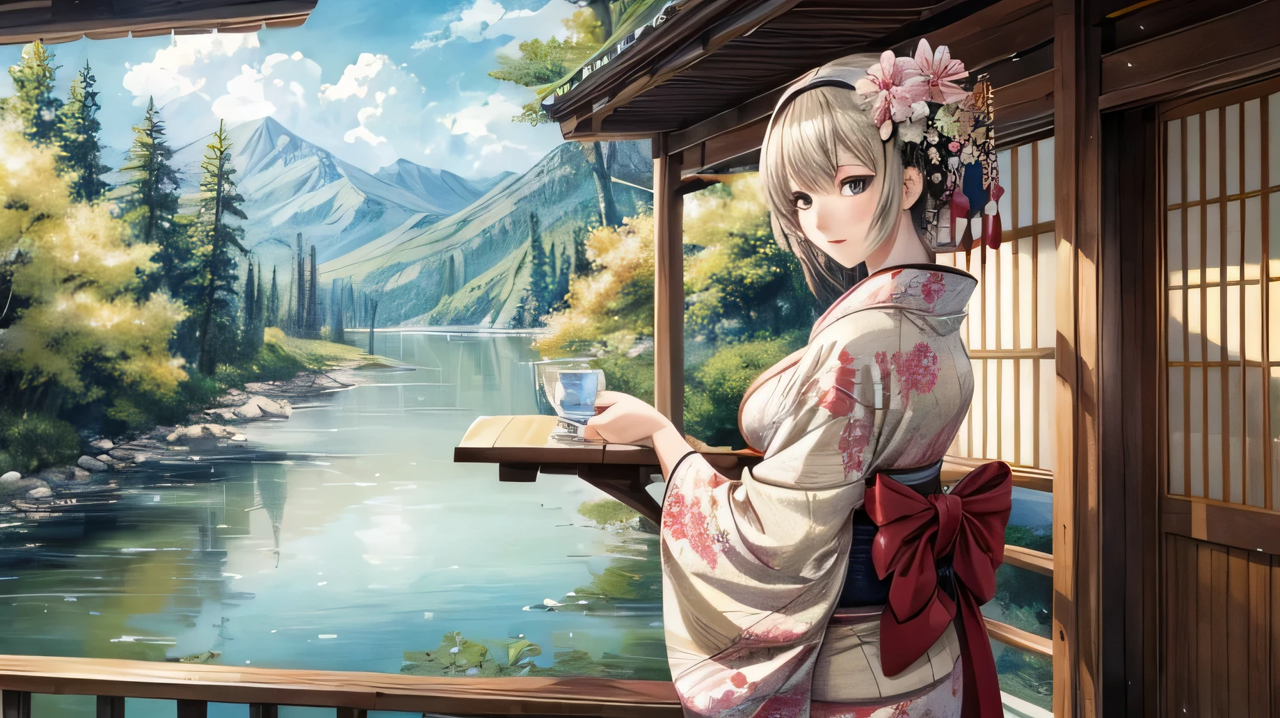 ((highest quality)), ((masterpiece)), (detailed), for anime,Spectacular Nature,Beautiful woman in kimono