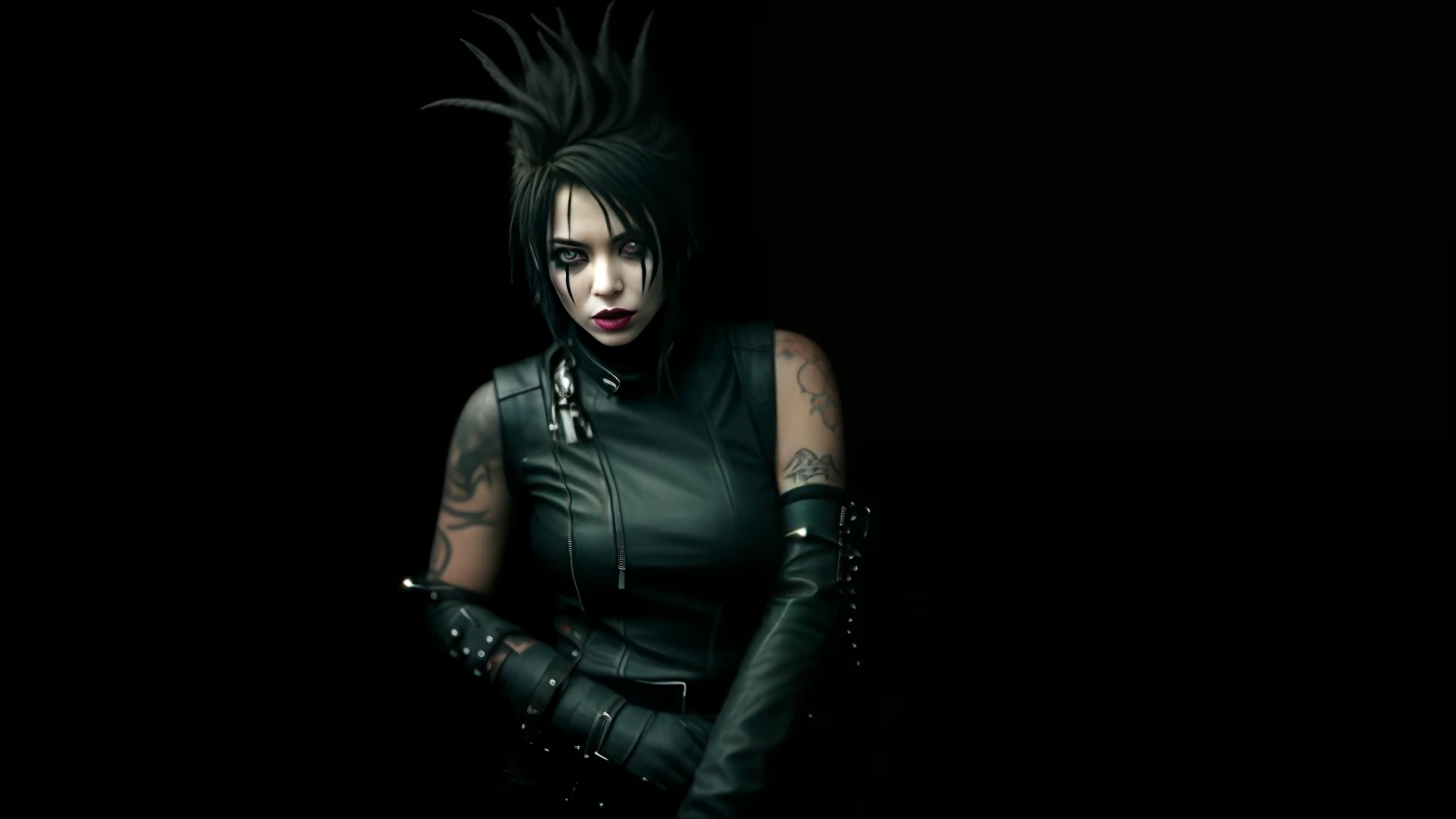 arafed woman in a black leather outfit with a mohawk, cybergoth, cybernetic dreadlocks, goth cybersuit, hyper - goth, portrait big dark punk, malice mizer, gothic - cyberpunk, supermodel in silent hill, corpsepaint, goth woman, killy from blame!, cyborgpunk, giger spider joker