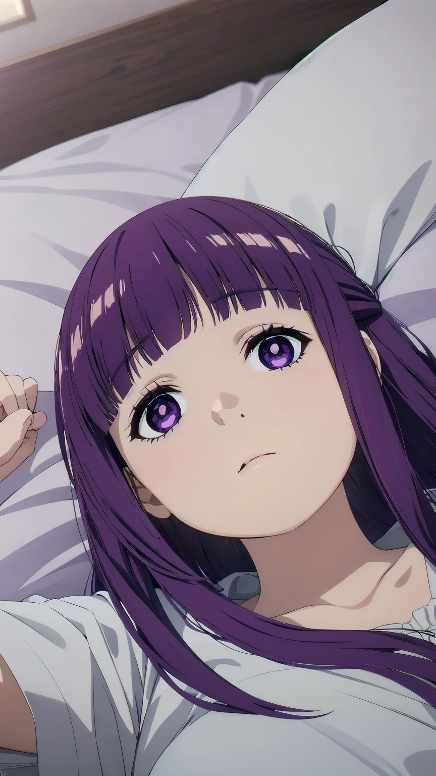 (((Pixel Perfect, Perfect detail))), One girl, alone, Fern, Long Hair, bangs, (Purple eyes:1.1), Purple Hair, Side Lock, blunt bangs, (Bright Eyes:1.5), Half Up, Lying in bed:1.3), (whole body:1.3)