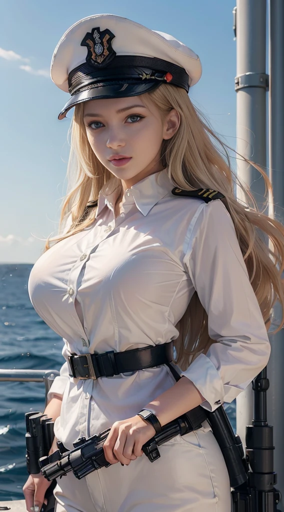 Kizi， an Quority， top-quality， big breasts beautiful， prette， The sheen，On warships， tmasterpiece， Cat eyes，white naval uniform，Naval equipment， Big wavy blonde hair，With a military cap，Wear a shirt and military pants，The eyes are sharp and affectionate，Fighting posture，white colors，Sea background，(((Armed with a submachine gun:1.3))),