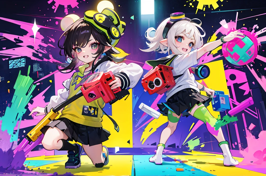 Elementary school students are playing Splatoon pretend,playing with paint on each other using various gadgets,colorful stage,beautiful lighting, volumetric lighting, dynamic pose,sharp,
