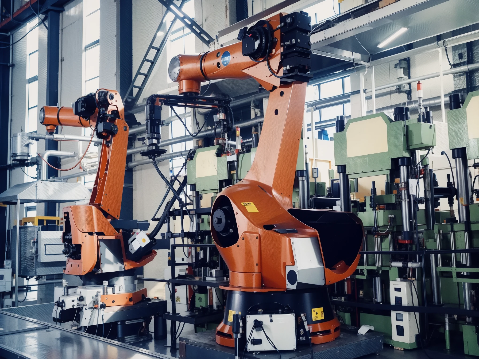 robots are working on a piece of metal in the factory, 工业robots, robot机械, robot机械, 工业robot, robot, robot工厂, Robotic Arm, Huge machine, extended Robotic Arm, interior of a huge factory, in the factory, automation, industrial machinery, manufacturing, Robotic Arm, with Robotic Arm, Robotic Arm伸展, Maintenance workshop