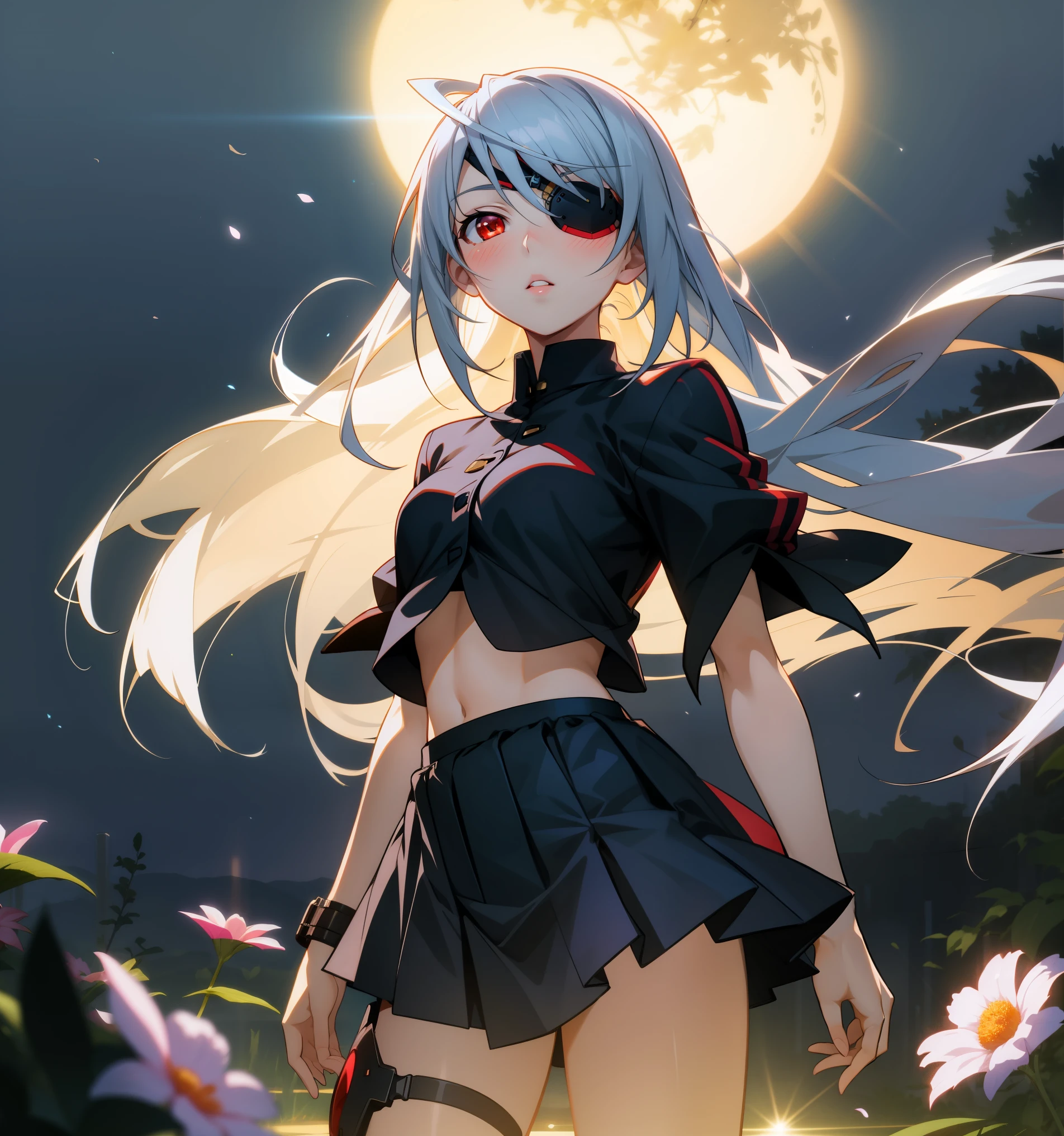 realistic, 1girl, solo, looking at viewer, aalaura, long hair, eyepatch, glowing eyes, crop top, skirt, parted lips, blush, night, flowers, sun, sunlight,