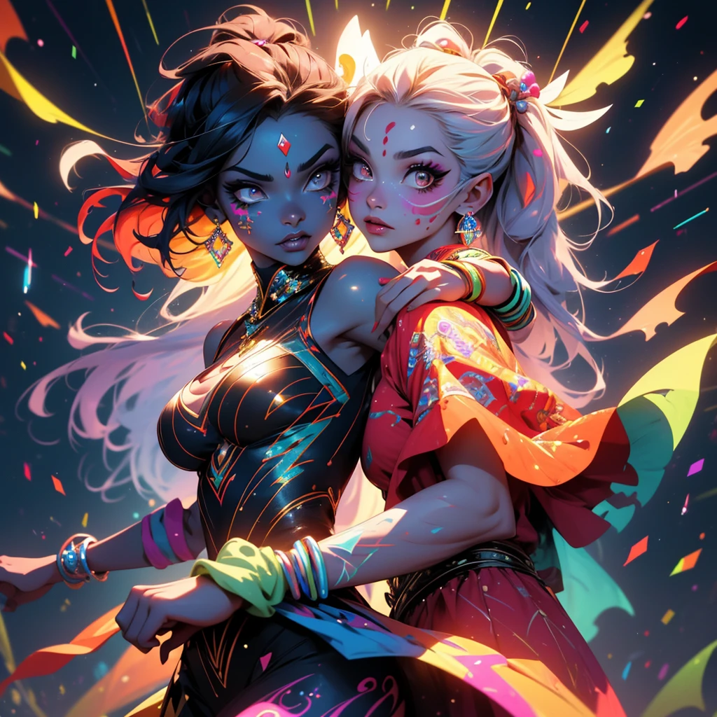 "(best quality, highres, ultra-detailed), 2 women, Desi, 40, average build, in colorful body paint,(playful, vibrant) jesters, wrestling for a crowd of rowdy aliens, in an(otherworldly) atmosphere,(fantastical, whimsical) outfits, (elaborate face makeup), (bright, vivid) colors, lively expressions, (dynamic poses), (mysterious, ethereal) lighting"
