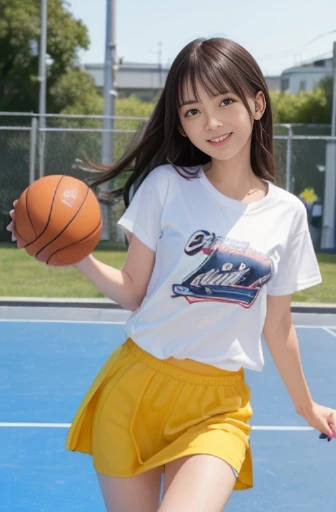 best quality, detailed, beautiful, insanely detailed, absurdres,perfect anatomy,
Japanese woman,black hair,27 years old,
(slender),
(small breasts best quality),
delightful, cheerful grin, jumping, messy hair, white t-shirt, yellow skirt, with a basketball, in the basketball court,(Scene of enjoying street basketball:1.2), full body shot