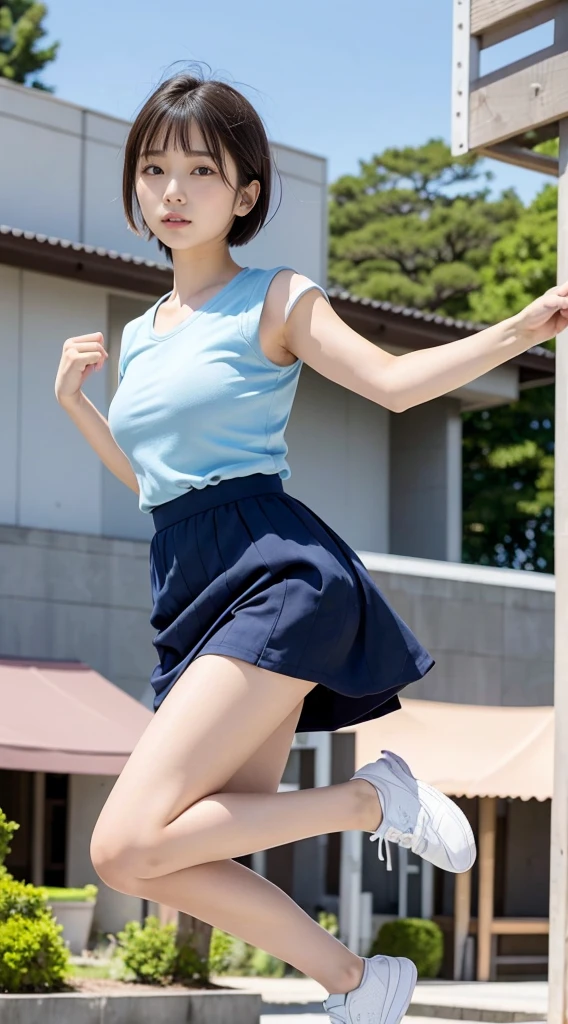 Japan girls, Japan, 18 year old girls, short hair, black hair, brown eyes, small breasts, perfect figure, perfect skin, , light blue shirt, navy blue skirt, underwear, Panty shot, sneakers, feeling jumping and bouncing happily, jumping, schoolyard,