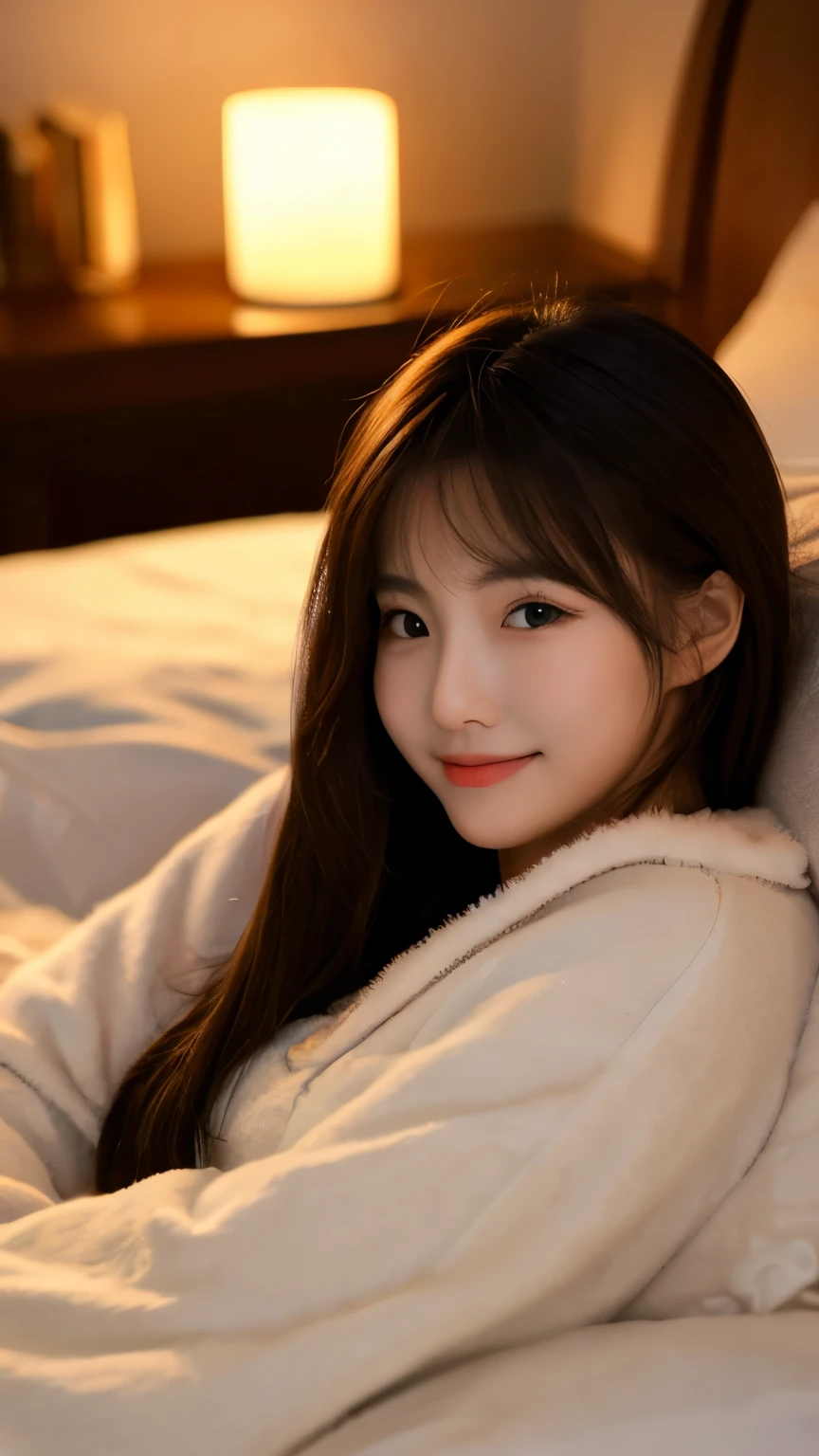 Tabletop, highest quality, figure, Very detailed, In detail, High resolution, 8k wallpaper, Perfect dynamic composition, Beautiful fine details, pajamas、night、Going to bed、Dimly lit room、bedランプ、Sleeping together、bed、Long Hair,Center of chest, Natural color lip, Bold sexy pose,smile,20-year-old girl、cute、sexy shot looking at camera