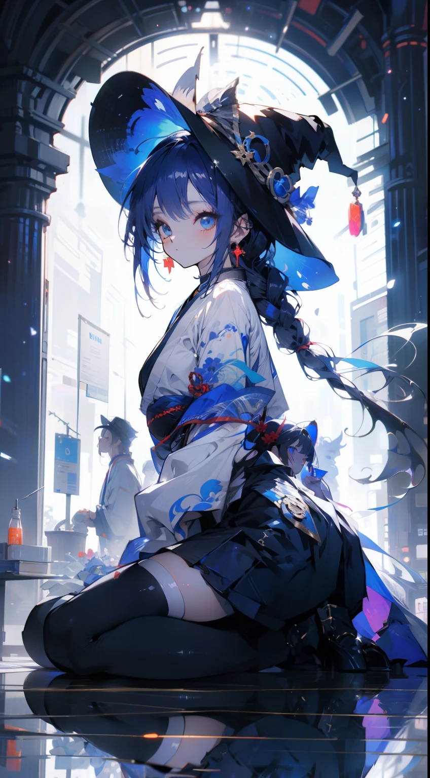 Blue Skirt,Solo Female, alone, (Sit on your knees), (Kneeling on a white glass surface), (smallest, small), (White background), Witch Hat, Carly, View your viewers, Panoramic View, Vision, It begins with the night of the ark., artstation Popular topics on pixiv, Arc Knight, Digital art on pixiv,onmyoji detailed art, Japanese anime fantasy illustration, author:Hero, anime art wallpaper 8k, sky witch, pixiv style, anime art wallpaper 4k, anime art wallpaper 4k,