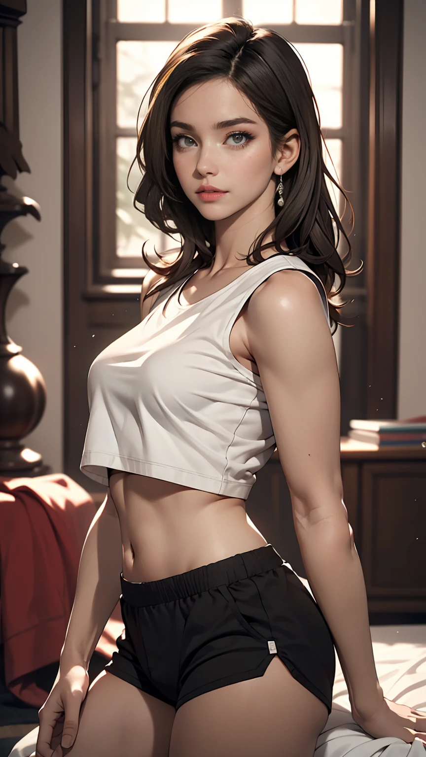 ((Realistic Face, Fascinating, Mature, White eyes)), (Grey crop top, Black underwear, Short clothes), (Long black hair), (20 years), (1 girl), (4K Style))