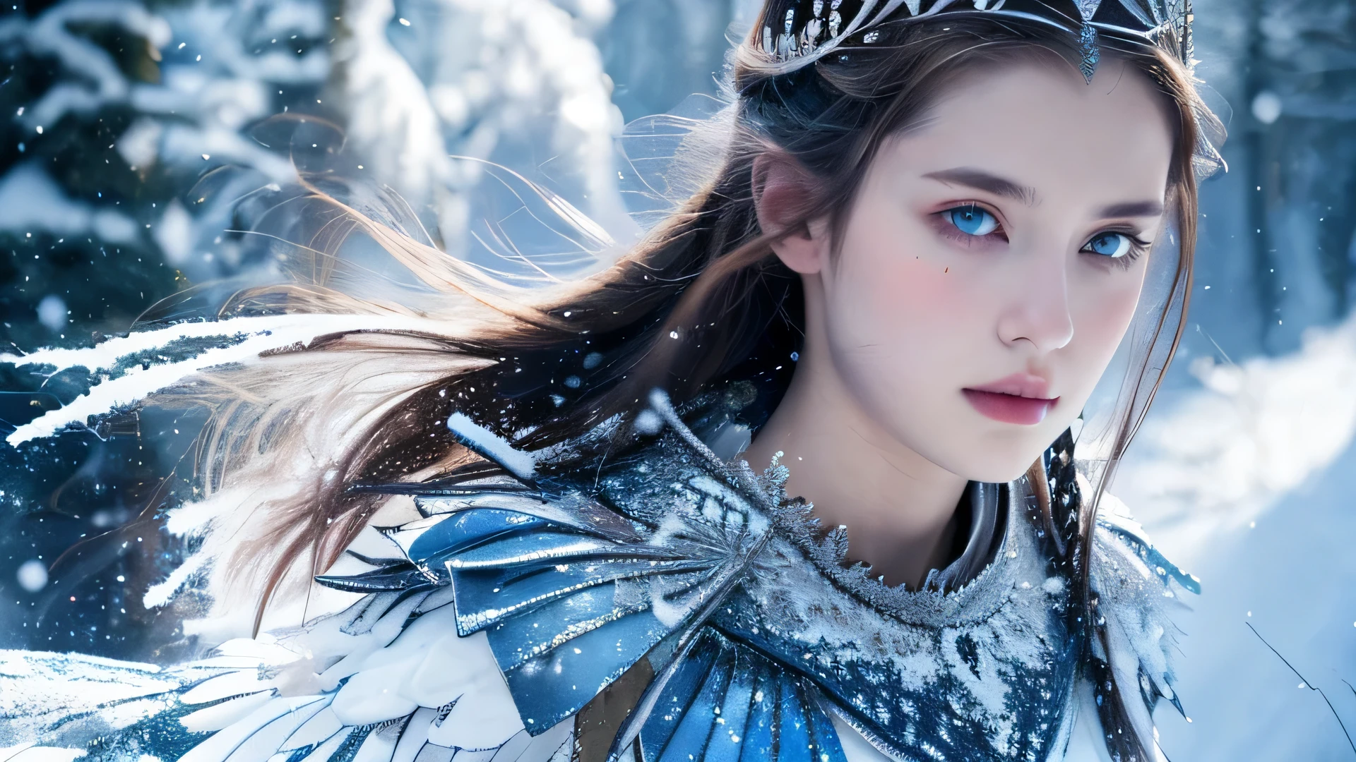 ( masterpiece, top quality, best quality,8k,17 year old girl,Ultra Detailed,original photo:1.5),(Reality:1.4),(Movie Lighting), PerfectNwsjMajic, , Surrealism, Ultra HD, precise, Super Detail, textured skin, High Detail, best quality, Dynamic angle, (high nose,White skin),[Beautiful blue eyes],[flat chest:Large Breasts:0.5],(1 Girl),(Good anatomy:0.5)),Wearing a dress、Woman with sword, beautiful fantasy queen, ((beautiful fantasy queen)), Beautiful fantasy girl,snow