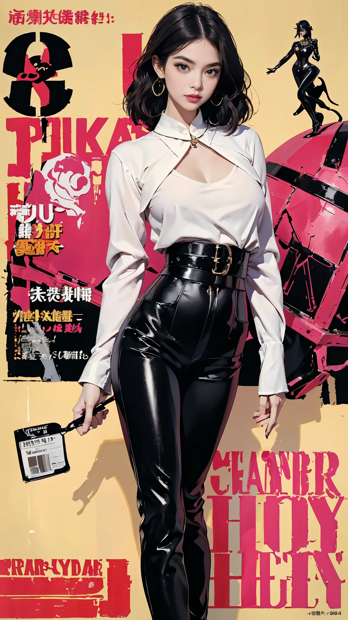 NSFW, (masterpiece:1,2, best quality), (magazine cover), (colorful Magazine cover abundant with text), vibrant, eye-catching paintings, Comic cover style, glamorous, enticing, stylish, chic, high-fashion, captivating, elegant, trendy, fashionable, radiant, attention-grabbing, dazzling, sophisticated, stunning, dramatic, bold, Featured is Sachi, a graceful figure from Tokyo, Japan, ((who embodies the essence of elegance and charm)), (((She boasts a stature, standing at 1.55 meters and weighing around 48 kilograms, epitomizing the blend of traditional Japanese beauty and modern allure))), (Her hair is always meticulously arranged), (Her eyes are gentle brown), ((and a physique with a flat abdomen)), ((a peachy posterior)), (((perfectly round, perky F-cup breasts))), accentuated by her modest demeanor, (((She is wearing a black silk blouse from Chanel that subtly hints at her toned figure))), (((a pair of high-waisted, form-fitting black leather pants from Saint Laurent, showcasing her slender legs and giving a subtle nod to her edgier side))), She accessorizes with a diamond tennis bracelet from Cartier, and carries a small, black leather Chanel handbag, perfect for carrying her essentials and reflecting her luxurious, understated style. She completes her look with a pair of classic black Louboutin pumps for a touch of high-fashion luxury, (exceptionally detailed:1.3).