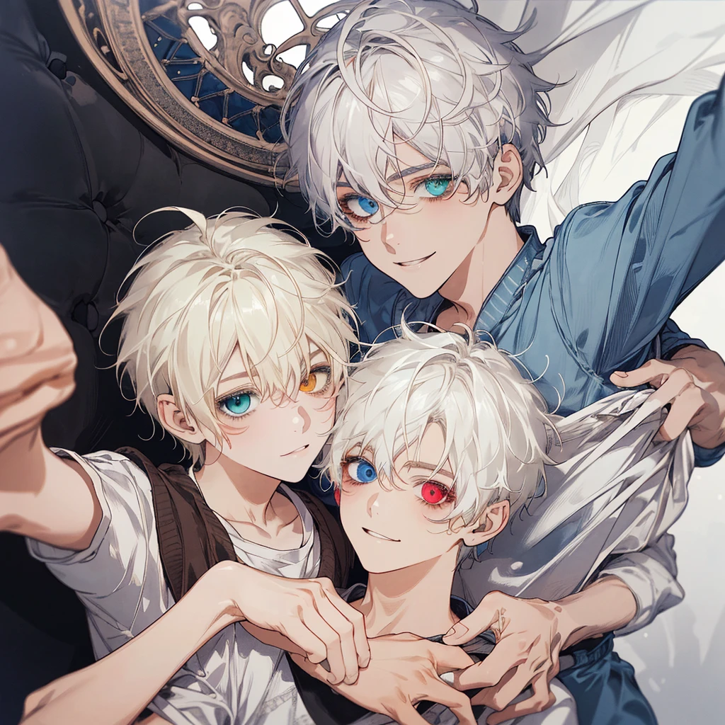 1 menino、Um de cabelos brancos、sorriso ocular branco arroxeado、short messy hair、retrato 、bonito 、heterochromia 、cabelo cobrindo o olho direito、sorriso maligno、sobretudo preto