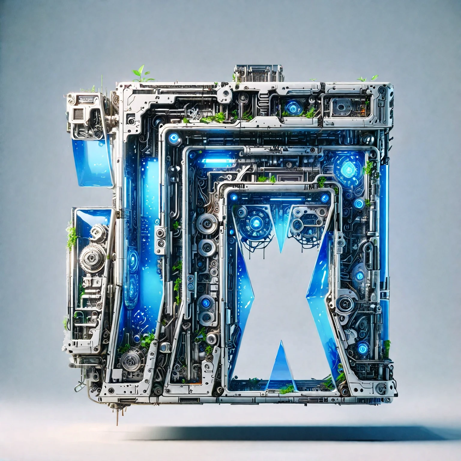 The Art of Mathematics，Cyberpunk，equipment，White ceramic housing，blue transparent glass，3D Rendering，Chasing Light，Reasonable structure，The internal structure is complex