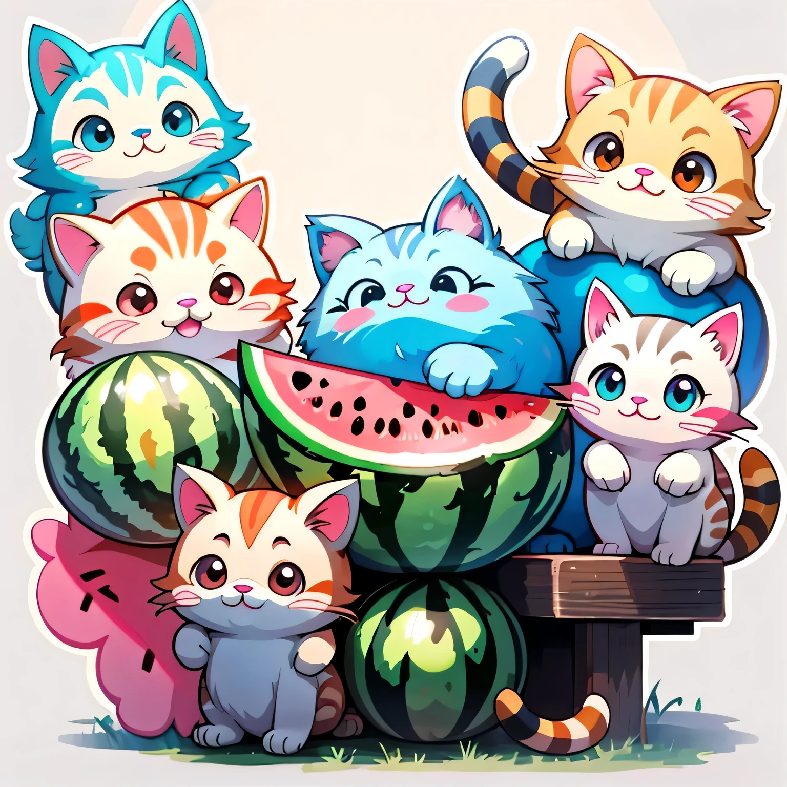 An adorable cat, with soft, fluffy fur and large, curious eyes, is happily devouring juicy slices of watermelon. Its tiny paws paw at the vibrant pink fruit, leaving seat-shaped marks as it chews contentedly. A few droplets of watermelon juice trickle down its whiskered face, adding to its playful charm. The comic style avatar captures the cat's expressive features and cartoonish proportions, bringing a touch of whimsy to this delightful scene.