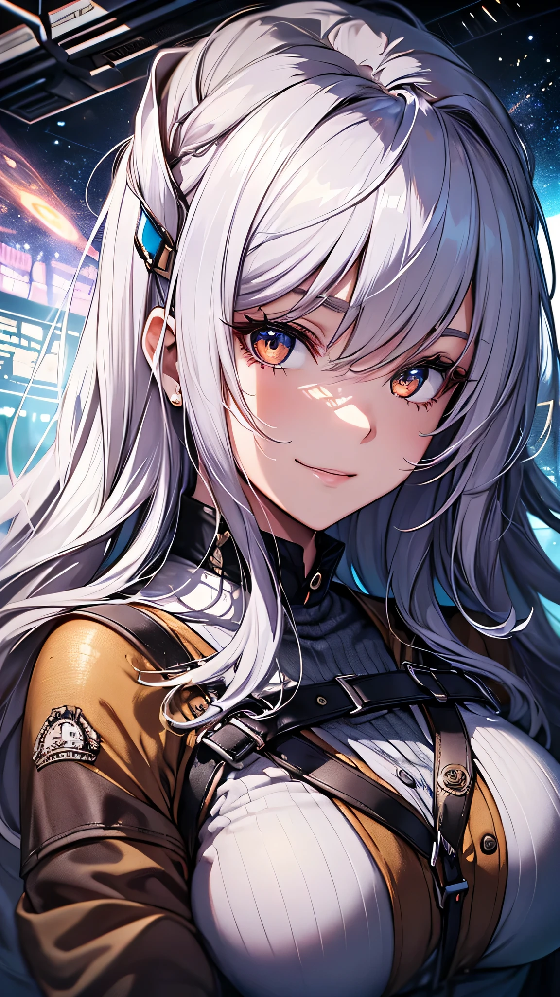 最high quality、Best image quality、masterpiece、girl((18-year-old、 By becoming、Best Bust、Medium Bust,Wide open breast tea、Red glowing eyes,Silver Hair、Disheveled Hair、Long Hair、thin,The highest valley、Open chest、White wristband、smile、hair ornamentany accessories、White see-through shirt、Gal Style、Angle from directly above、Raise your right arm、Show the whole body)),high quality、Beautiful art、background((Institute for Space Research))、Flight、Flying debris、Written boundary depth、movie、Visual Arts、Perfect art、8K,Genuine、