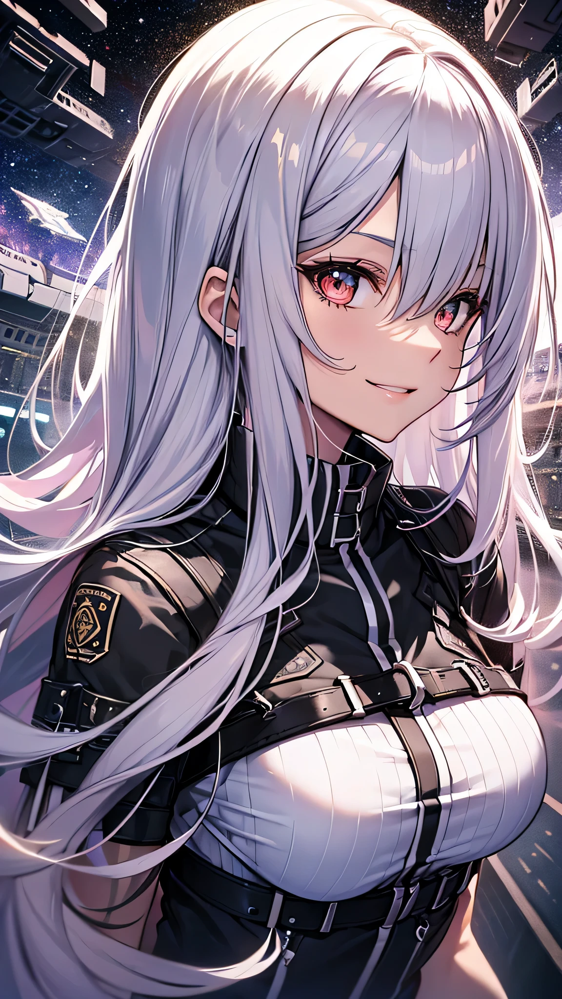 1girll，Red eyes， White color blouse， Gorgeous Hair in Long Purple， looking at viewert， light particules， ssmile， starrysky， Wizard's Hat， sleeveless， bare shoulders​， By bangs，（ She wears a black hooded trench coat，There are fluff on it）， tilt of the head，Pantyhose, nipple tassels,flower knot, mitts,  beatiful detailed eyes， detailed back ground，((((((gray hair)))))),  ((((yellow eyes)))),