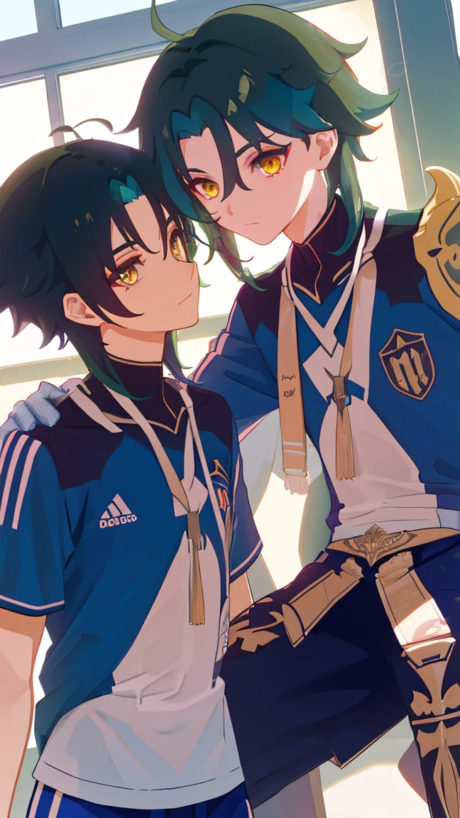 2 boys,dark green hair,highest quality,masterpiece,excessive,male focus,yellow eyes,beautiful eyes,beautiful boy,School,between men,Spouse,soccer club members,Blue soccer uniform,soccer,high school,soccer uniform,blue clothes,soccer court,teammate,same clothes,shoulder to shoulder,feminine,good friend,best image quality,