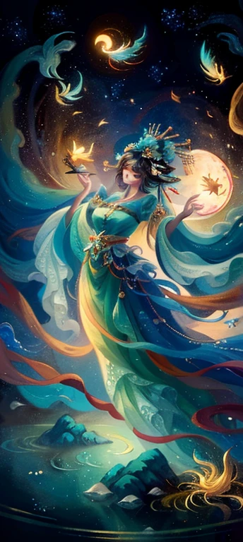 Official Art: A masterpiece depicting the Chinese Goddess, standing majestically atop a magnificent Phoenix. The sun is directly overhead, casting an ultra-fine golden glow on her ethereal figure. She wears a gorgeous fairy costume adorned with intricate floral patterns and shimmering jewels, with her hands delicately placed together in a thoughtful pose. Overlooking the breathtaking scene are towering mountains, the lake below a brilliant turquoise. Birds sing harmoniously in the background, while flowers in full bloom add vibrant colors to the picture. This exquisite work of art is a best quality, 8K high resolution masterpiece. (Extrem