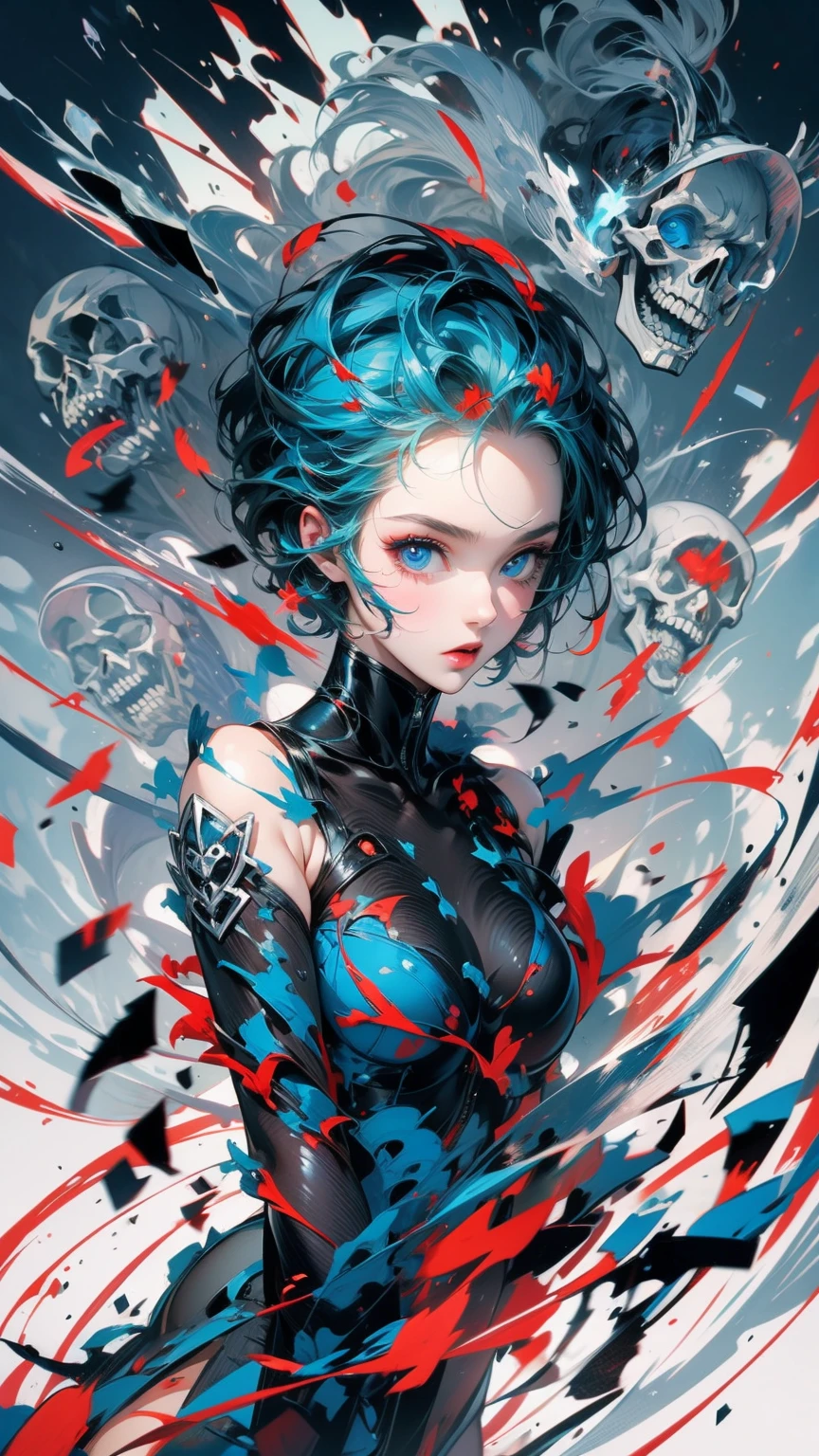 (masterpiece, High resolution, highest quality), 20-year-old woman, short hair, Skull Face Mask, Avant-garde makeup, Fashion pose, Off the shoulder, Black bodysuit, High heels, Vermilion and blue undulations, Disorganized, abstract design, artistic juxtapositions, High contrast, mixed-media approach, Anime Style, Simple lines, Digital Painting,