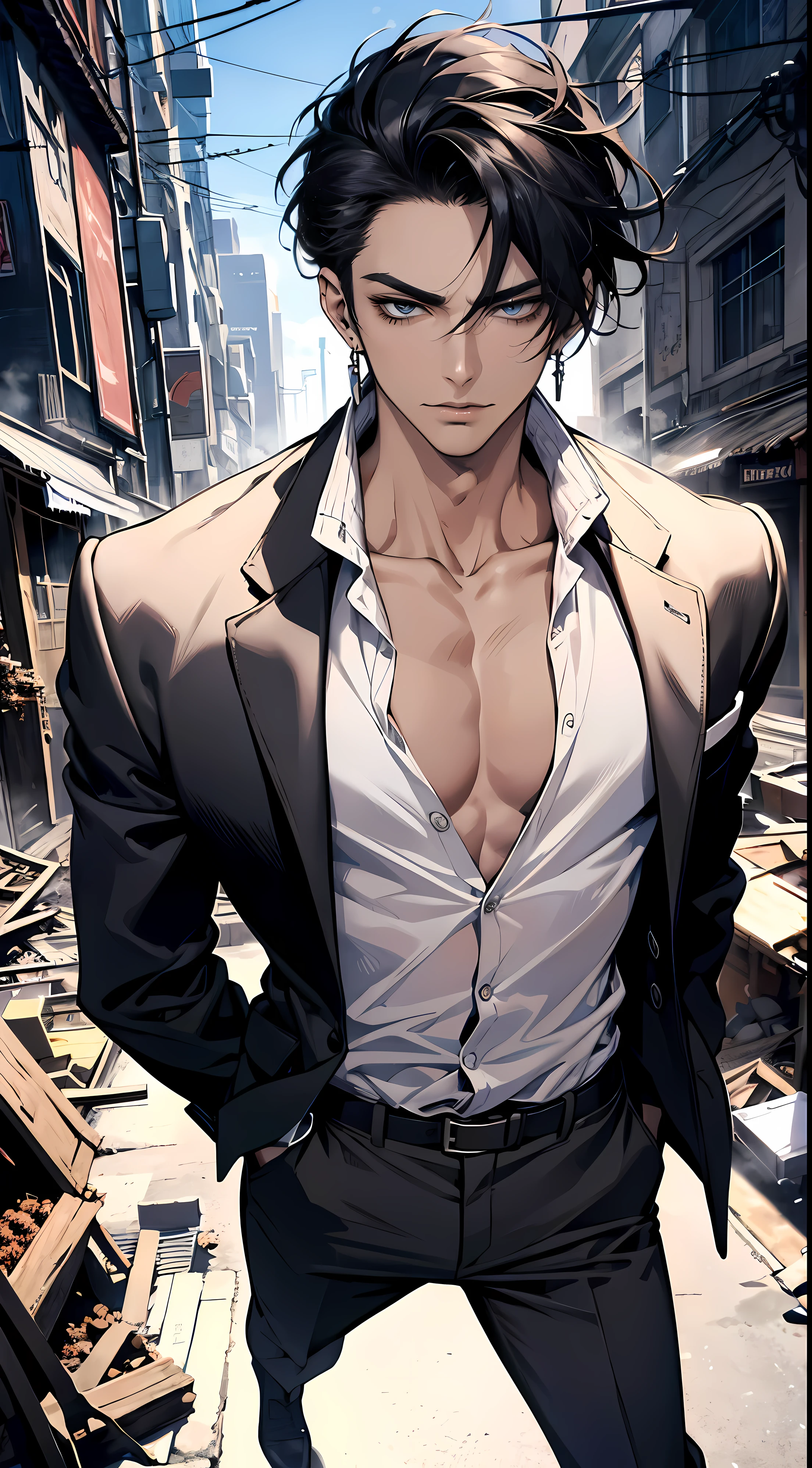 (masterpiece, best quality, highres, ultra-detailed), 1man, male focus, spiky black hair, grey eyes, handsome, detailed eyes and face, male body, earrings, ear piercing, unbuttoned black blazer, white shirt, trousers, bare collarbones, chain necklace, city slums background, by amano akira, full body, cigarette, cigarette smoke, guy smoking,1guy, masterpiece