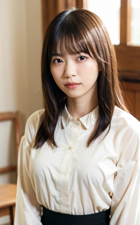 Tabletop, highest quality, 8k, 30 years old, Japanese women, RAW Photos, Professional photography, Portraiture, Soft Light, Inside the room, Professional Lighting, alone, 笑face, close, face, close, cute, Girlish, goddess, Delicate girl, Pure beauty, Upper Body, Digital SLR, avert your eyes, Frank, Sophisticated, Film Grain, (目とfaceの細部まで:1.0), Semi-long Paper, bangs, Silk blouse, skirt, indoor、Huge Breasts