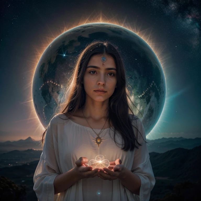 Crie uma imagem que retrate o conceito do "Astral Superior da Terra" de forma visualmente cativante e intrigante. No centro da imagem, coloque um globo terrestre com uma aura brilhante ao seu redor, evoking a sense of transcendence and spiritual power. Ao redor do globo, incorporate subtle images of people living their daily lives, with a mysterious and ethereal atmosphere, to suggest the influence of decisions taken in the "Astral Superior" sobre a humanidade. Acrescente uma silhueta de um encontro celestial ou seres angelicais em segundo plano, destacando o conclave de 1932, que definiu o curso do destino da Terra. Use soft colors and pastels to create an ethereal, spiritually evocative atmosphere. Convey a sense of mystery, transcendence and cosmic importance through the composition and visual style of the image.