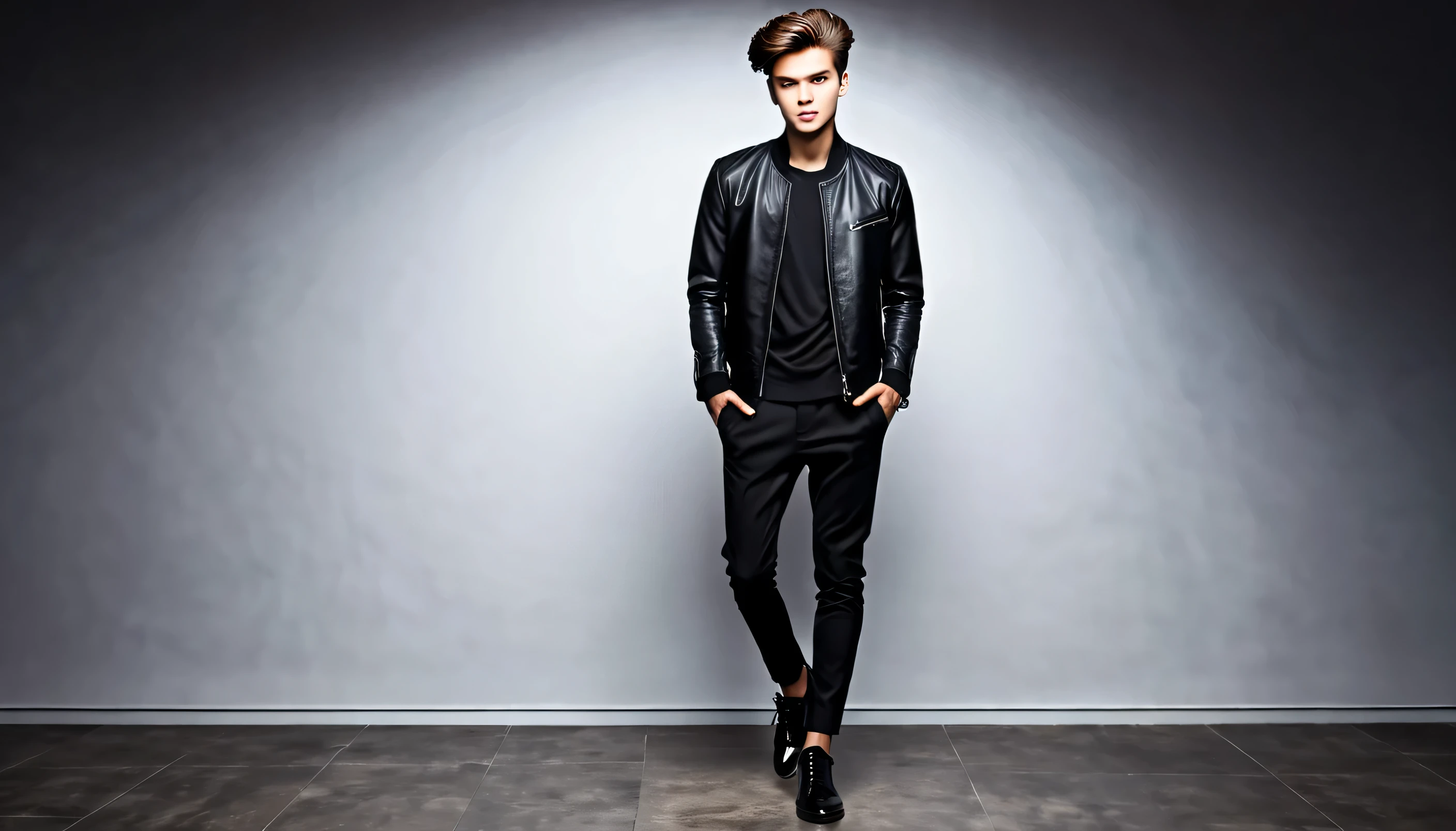 A stylish young man with a charming contemporary look, exudes confidence. His hair is neatly combed in a modern style that reflects his dynamic personality. His facial expression displayed a mixture of courage and gentleness. Wearing shoes, black pants jacket. The background is dark, emphasizing the contrast with her light face, creating a mysterious and dramatic atmosphere.