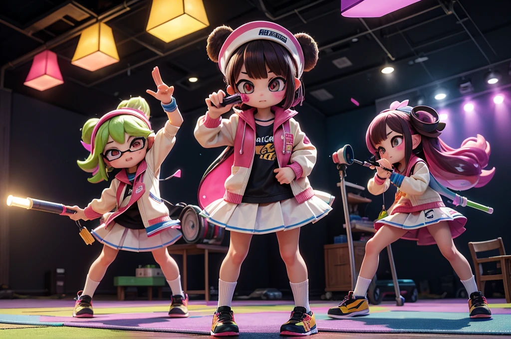 (masterpiece, highest quality, Highest image quality,photorealistic, Raw photo),Elementary school students are playing Splatoon pretend,playing with paint on each other using various gadgets,colorful stage,beautiful lighting, volumetric lighting, dynamic pose,sharp,