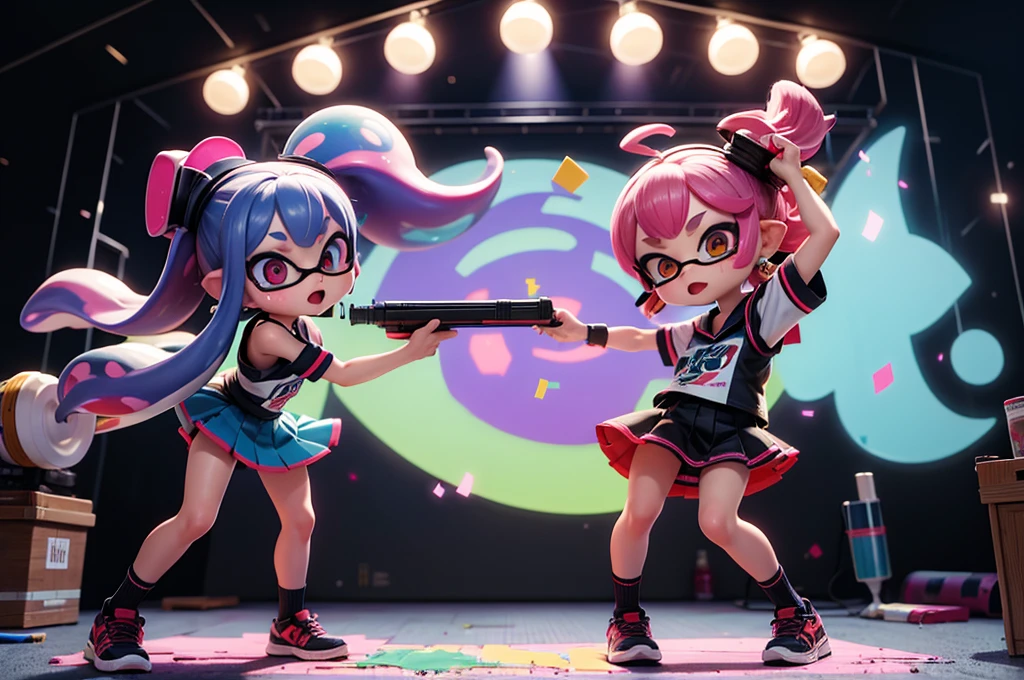 (masterpiece, highest quality, Highest image quality,photorealistic, Raw photo), are playing Splatoon pretend,playing with paint on each other using various gadgets,colorful stage,beautiful lighting, volumetric lighting, dynamic pose,sharp,