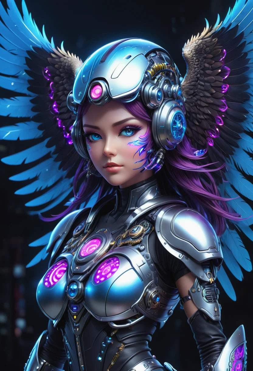 (Best quality, 8K, A high resolution, tmasterpiece:1.2), (Ultra-detailed), (anthropomorphic turtle),(Cybertron futuristic mechanical female bald eagle), (Battle Angel ta),full bodyesbian, dreamy glow,luminous neon lights,High-tech mechanical parts,Metal claws and wings,Metal heads and pecks,Metal feathers,Extremely cool,Metal legs,Bionic eye,Detailed feather design,sharp beak,hovers in mid-air,Electric blue and bright purple,Vivid glowing eyes,Reflective metal surface,Interlocking mechanical gears,Dynamic and stylish design,motion blur effect,meticulous craftsmanship,Sci-fi atmosphere,Streamlined aerodynamic shape,Laser scanning pattern,holographic projections,Light-emitting circuit lines,hauntingly beautiful,Otherworldly precision,Advanced sensors,Complex algorithms,Ominous and mysterious atmosphere,electric sparks,Shiny chrome plating,Futuristic propulsion system,solo,Medium shot,concept-art, Fantasy theme,voluminetric lighting, Global illumination, Reflection, hyper HD,The light is bright,RGB colors,vibrant with colors, Mecha musume,McCorg gear