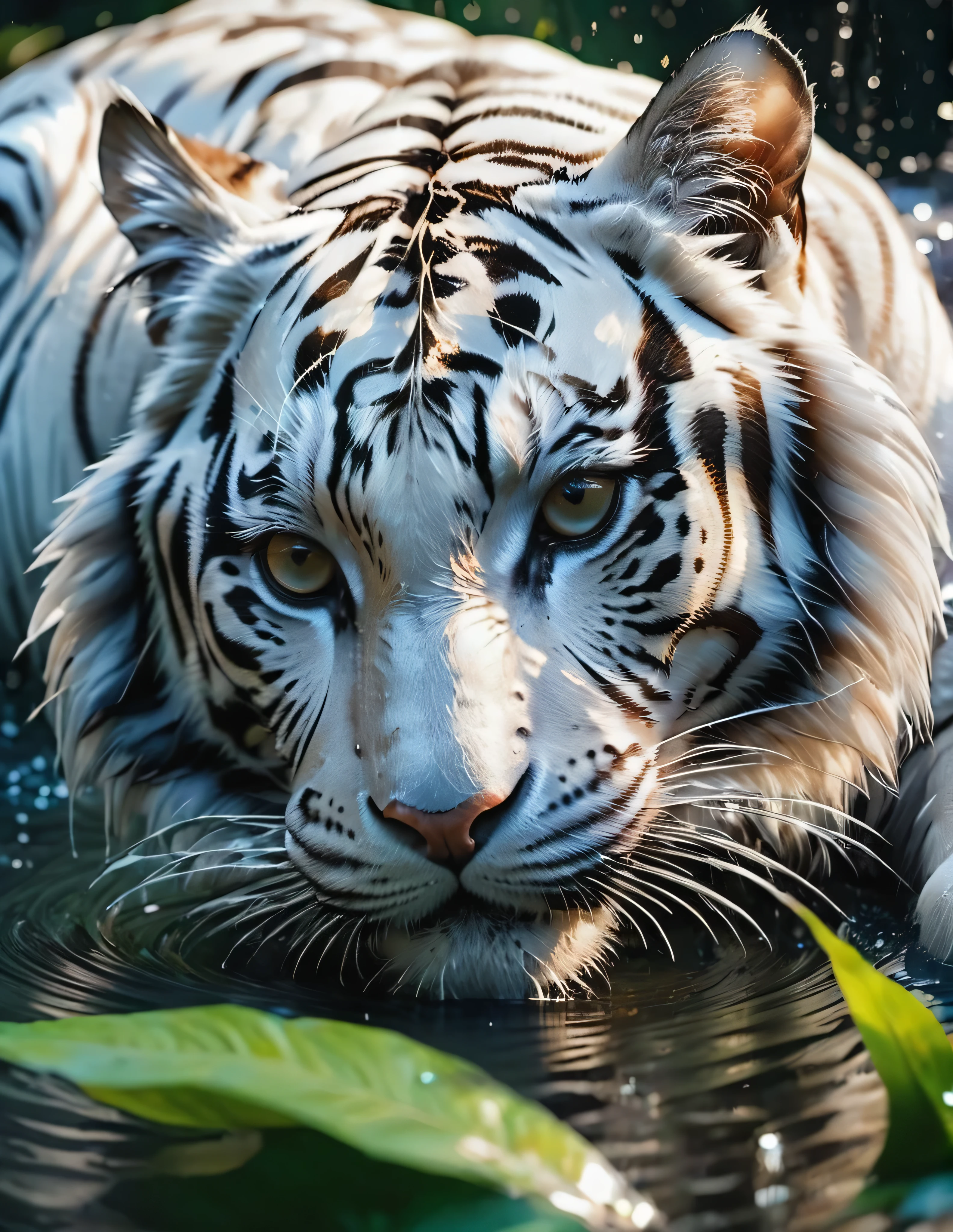 #quality(8k wallpaper of extremely detailed CG unit, ​masterpiece, hight resolution, top-quality, top-quality real texture skin,hyper realisitic, digitial painting,increase the resolution,RAW photos，best qualtiy,highly detailed,the wallpaper),BREAK,white tiger head(full body,bathe,beautiful black ,shiny feathers,head close up shot,feather repelling water),#background(,in beautiful forest,dappled sunlight,raining),(head close up shot:2.0)