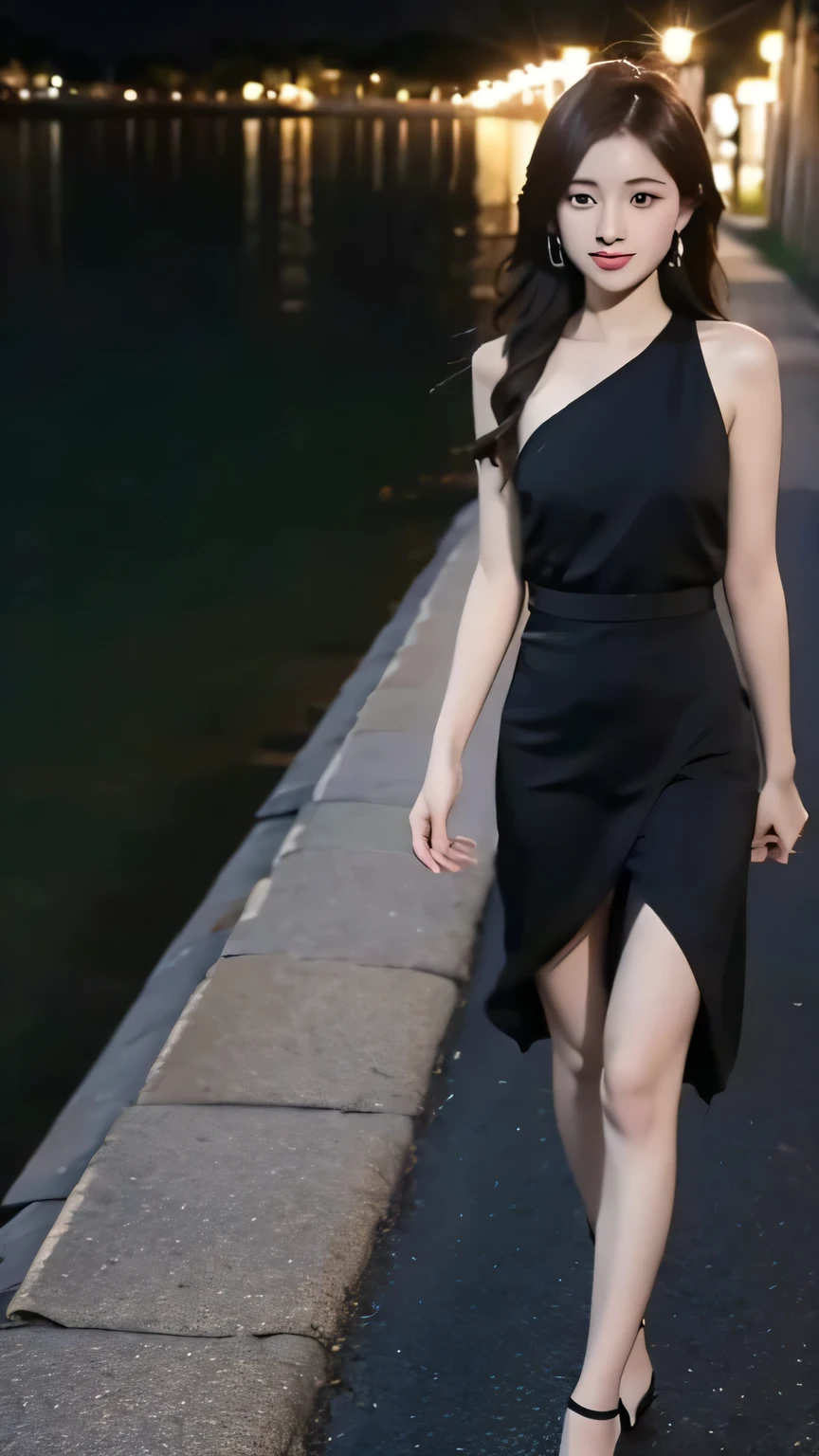 Sad expression，Moonlight at night，Walking on the riverside path，looking into the distance