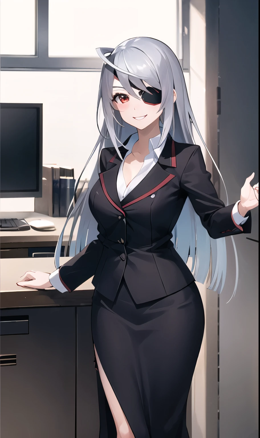 ((masterpiece, best quality)), (1girl),((office lady )),middle breast,(busty),slim,smile, [wide hips],office,standing, 1girl, solo, looking at viewer, aalaura, long hair, eyepatch,