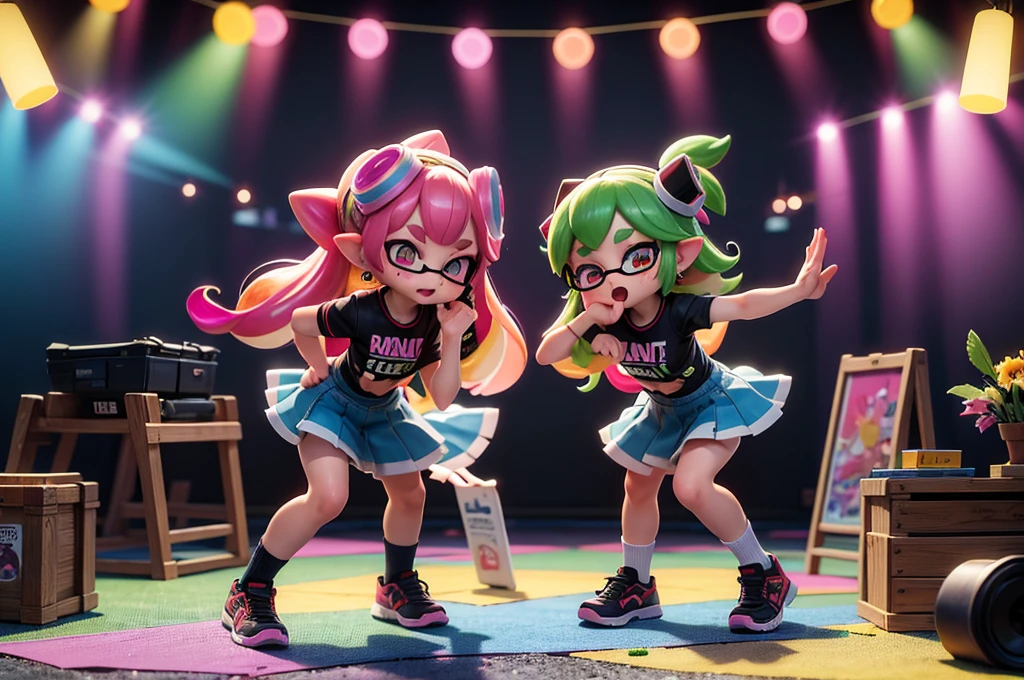 (masterpiece, highest quality, Highest image quality,photorealistic, Raw photo),figure,Elementary school students are playing Splatoon pretend,playing with paint on each other using various gadgets,colorful stage,beautiful lighting, volumetric lighting, dynamic pose,sharp,
