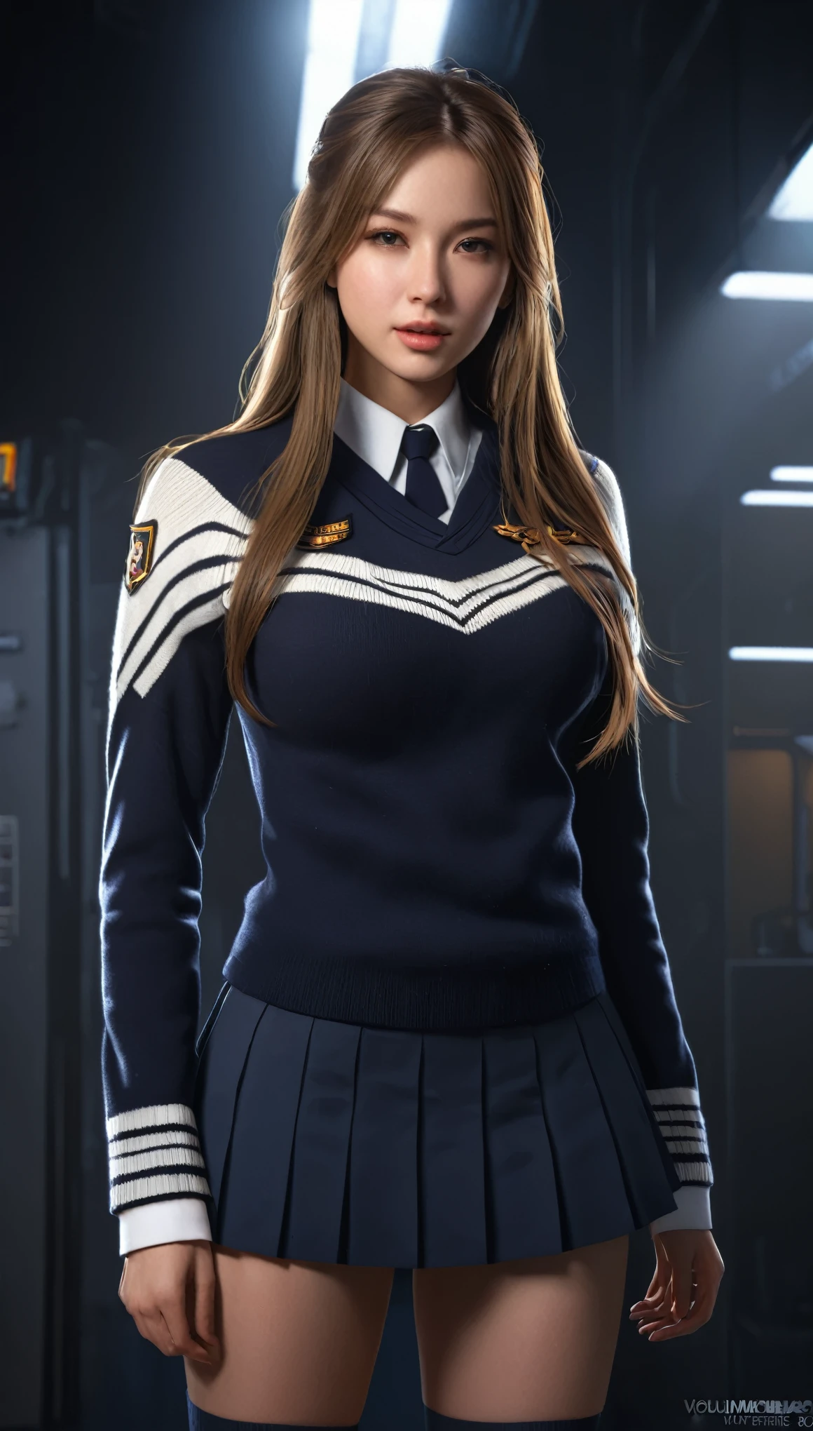 Fantasy art, Photorealism, Dynamic Lighting, Art Station, Poster, Volumetric lighting, Highly detailed face, (Official Uniform: 1.4), Long Hair, sweater, Delicate clavicle, Exposing shoulders, Ample breasts